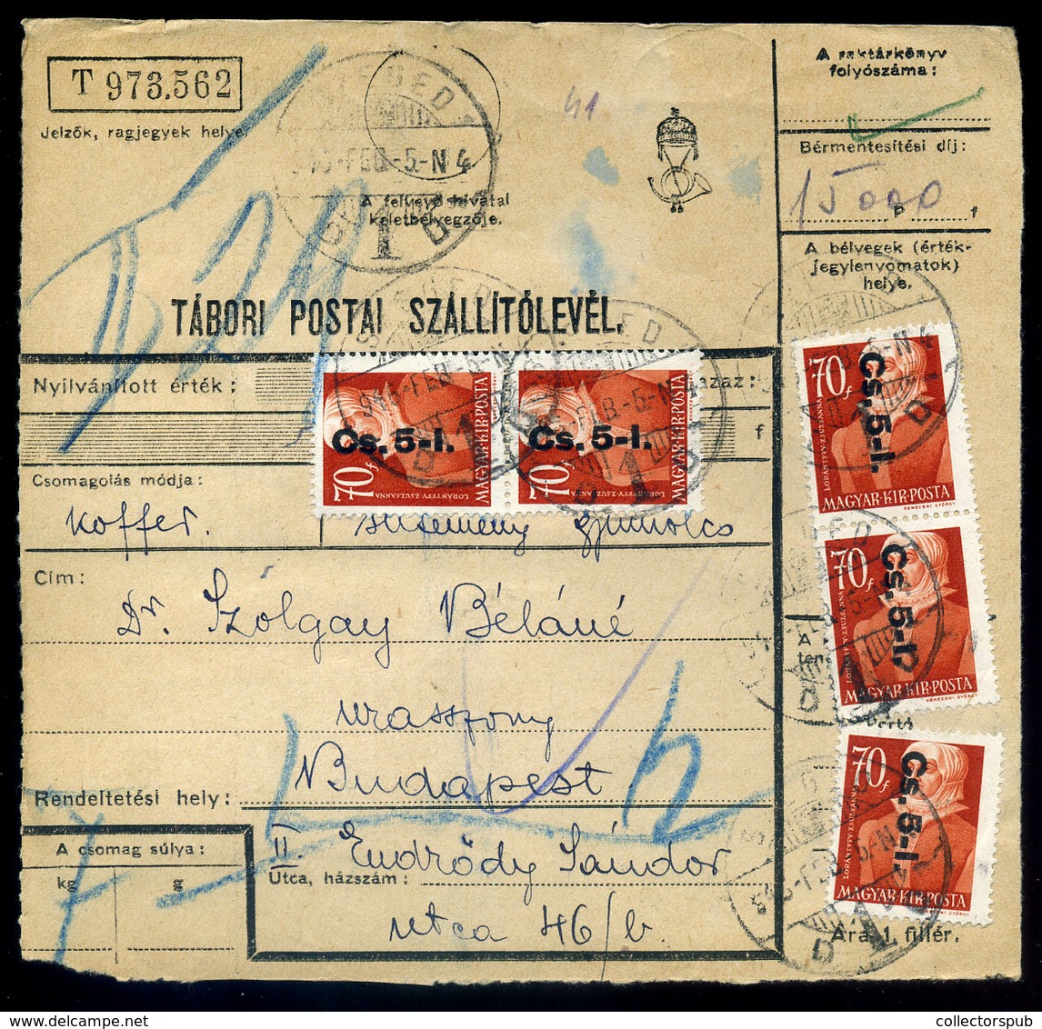 61486 SZEGED 1946. Inflációs Tábori Postai Csomagszállító Budapestre - Lettres & Documents