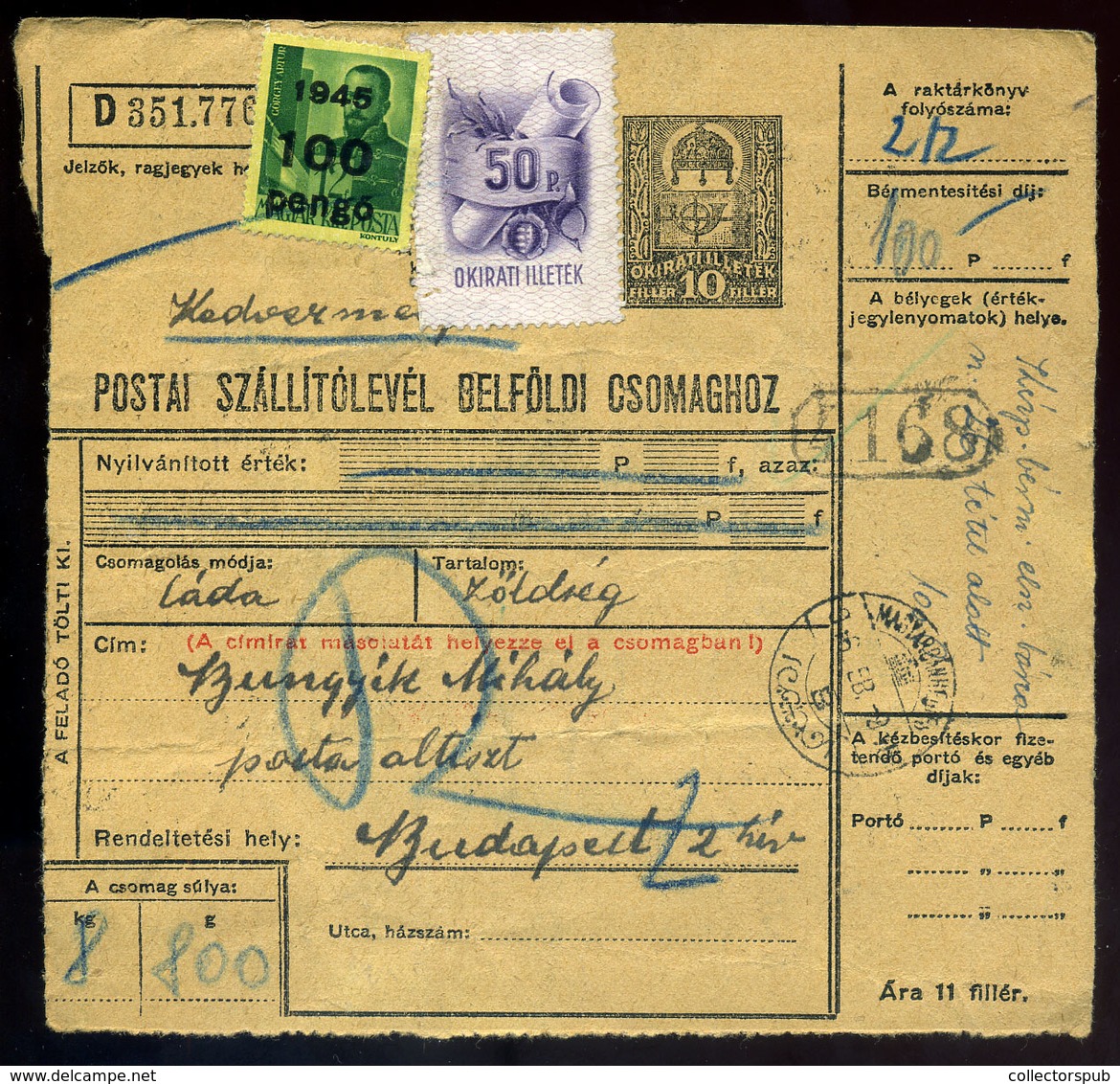 61555 MAGYARBÁNHEGYES   1946. Inflációs  Csomagszállító Budapestre , Postaszemélyzeti Kedvezménnyel - Lettres & Documents