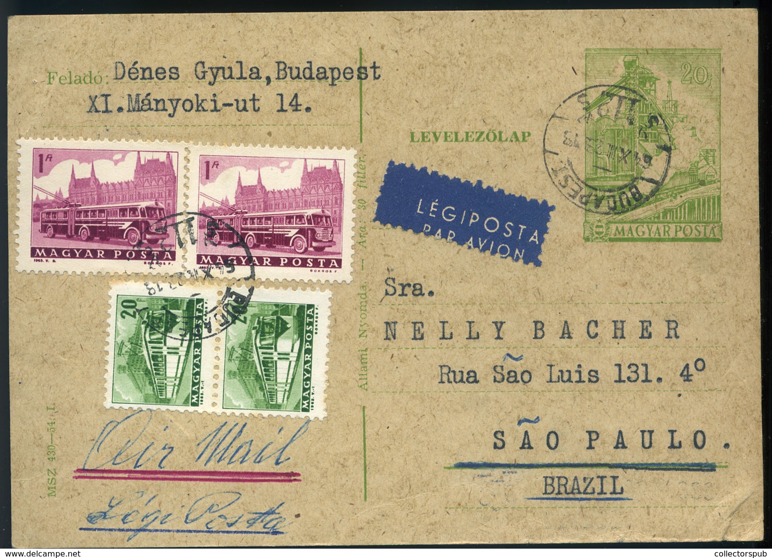 97864 BUDAPEST 1961. Kiegészített Légi Díjjegyes Levlap Brazíliába - Lettres & Documents