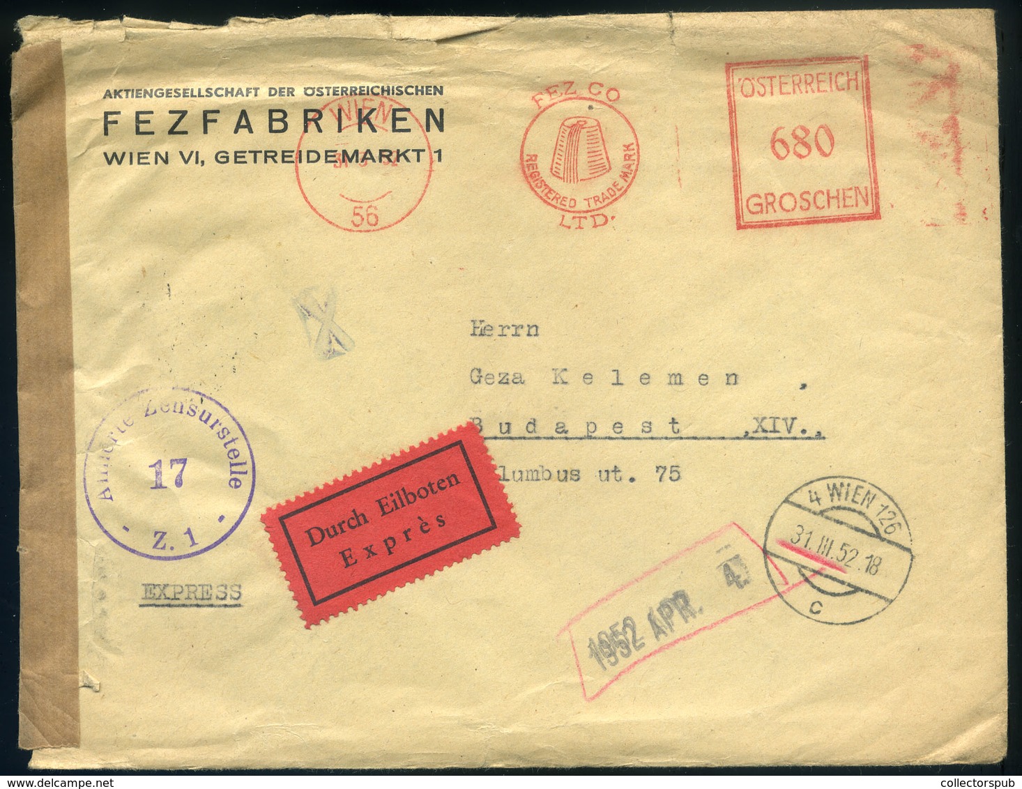 98130 AUSZTRIA 1952. Francotyp Expressz , Cenzúrázott Levél Budapestre Küldve - Lettres & Documents