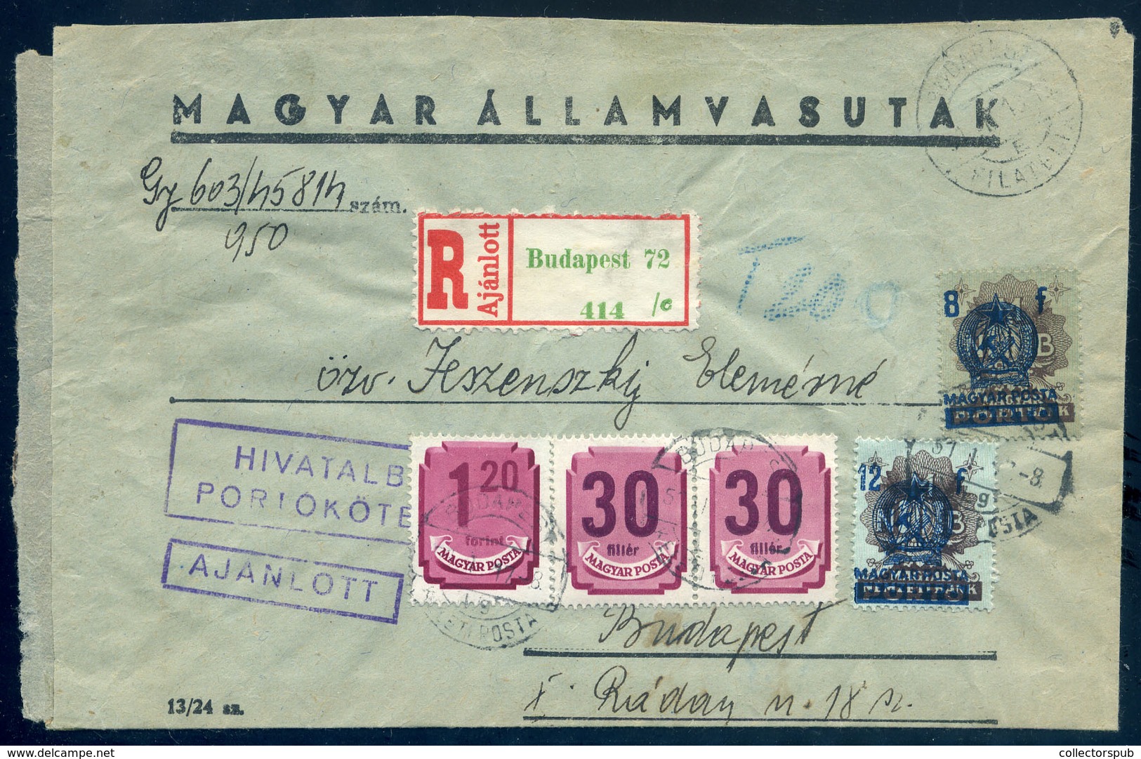 98108 BUDAPEST 1951. Helyi Ajánlott Levél Vegyes Portózással, Közte Bankjegy Portó! - Lettres & Documents
