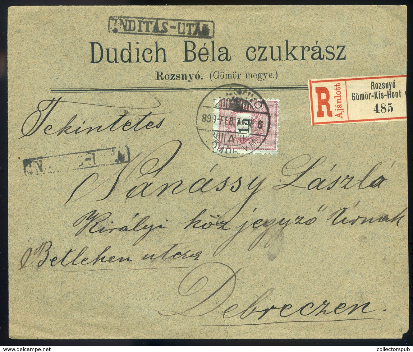 97179 ROZSNYÓ 1890. Duduch Bála Cukrász, Ajánlott Céges Levél "Indítás Után" Debrecenbe Küldve  /  ROZSNYÓ 1890 Béla Dud - Used Stamps