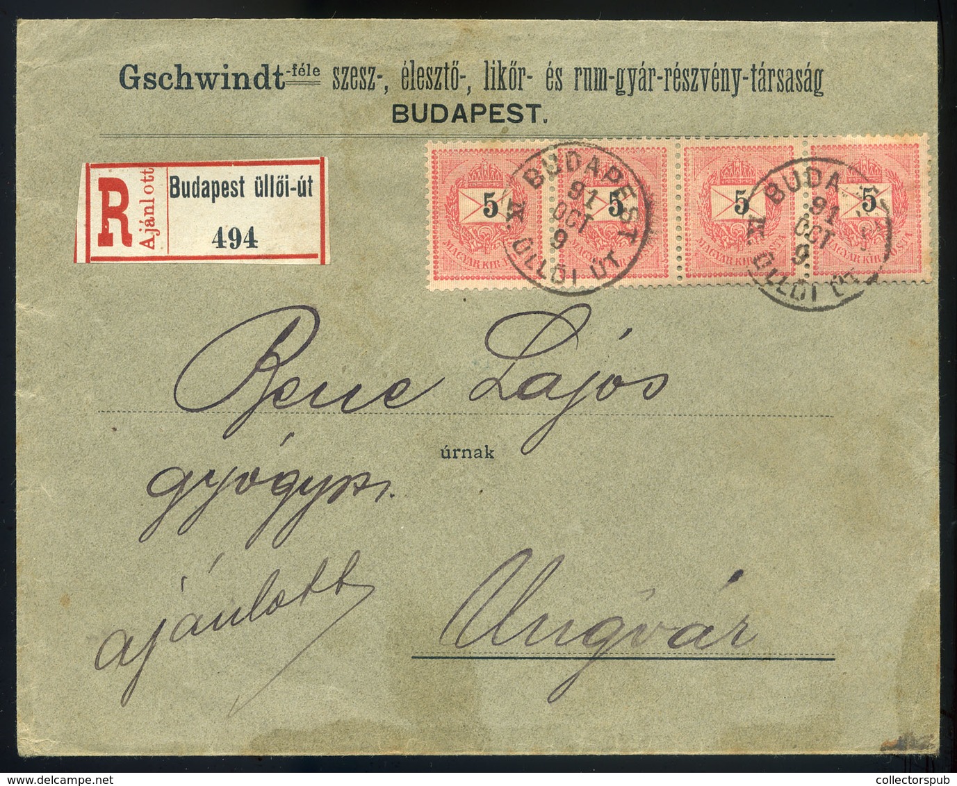 97181 BUDAPEST 1891. Céges Ajánlott Levél 5Kr Négyes Csík Bérmentesítéssel Ungvárra  /  BUDAPEST 1891 Corp. Reg. Letter  - Used Stamps