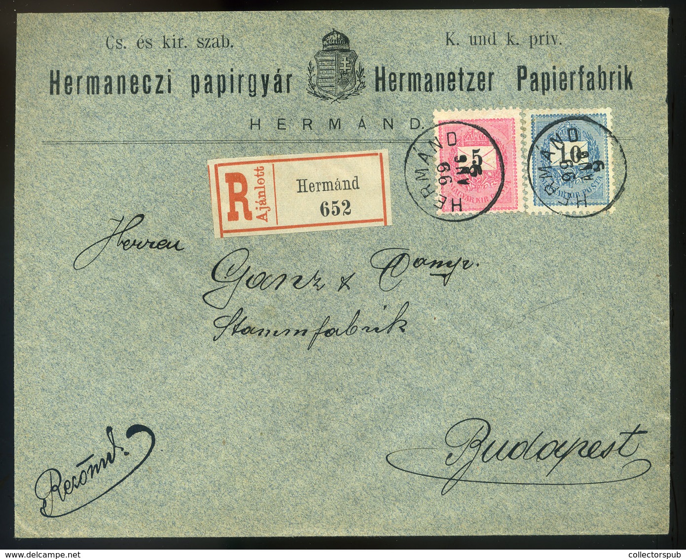 97185 HERMÁND 1899. Ajánlott Levél , Hermaneczi Papírgyár Budapestre Küldve  /  HERMÁND 1899 Reg. Letter, Hermaneczi Pap - Used Stamps