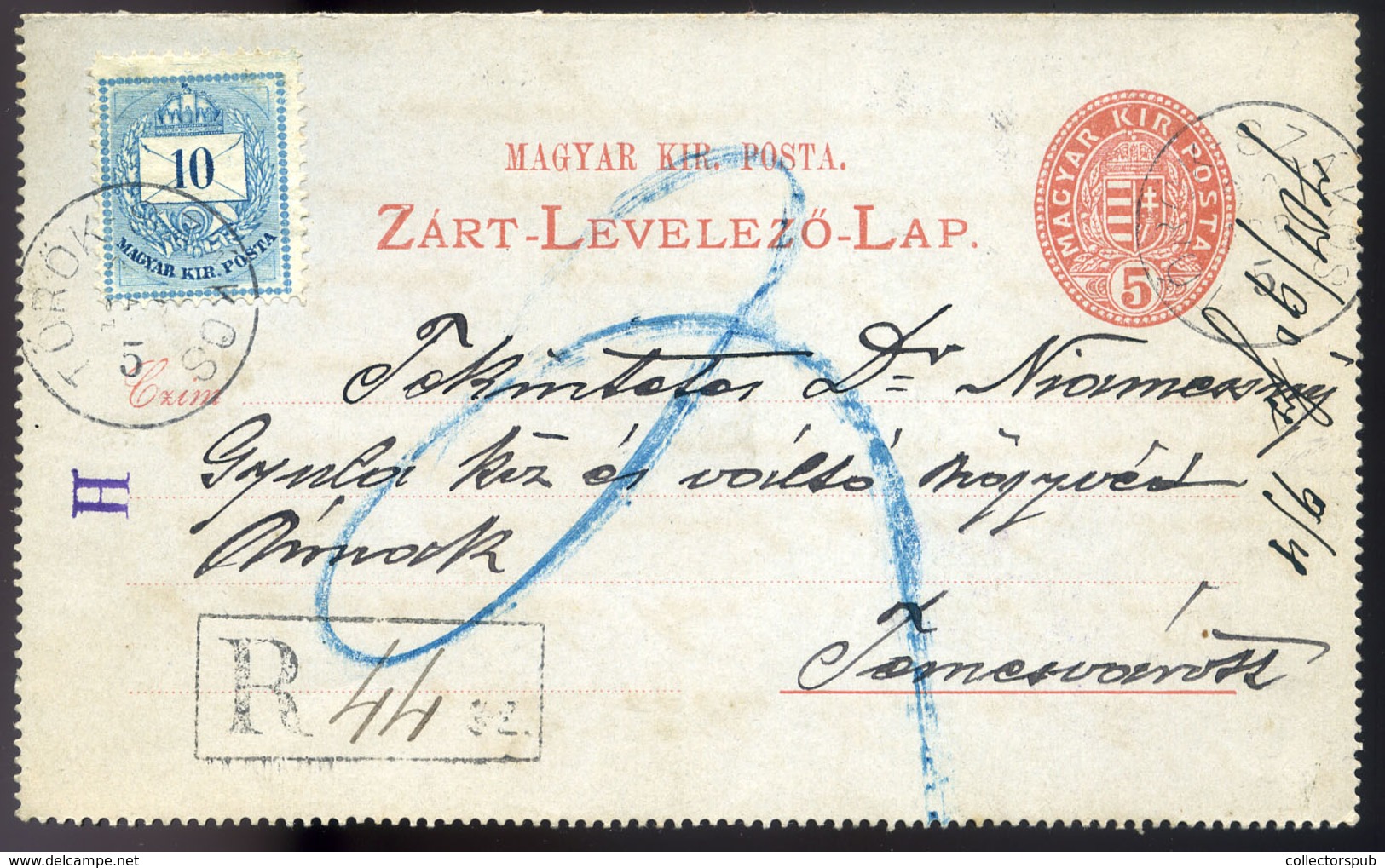 97304 TÖRÖKSZÁKOS / Sacoșu Turcesc  1890. Kiegészített, Ajánlott Zárt Díjjegyes Levlap, Temesvárra. Közjegyzői Levél.  / - Gebraucht