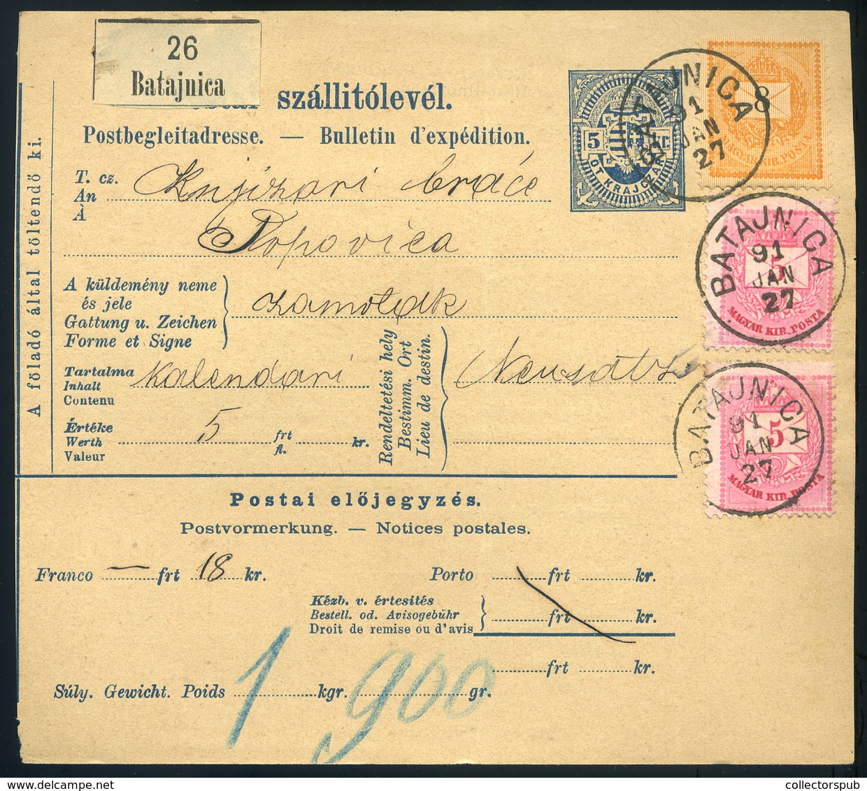 97156 BATAJNICA 1891 Csomagszállító 2*5Kr+8Kr Újvidékre Küldve  /  BATAJNICA 1891 Parcel P.card 2*5 Kr + 8 Kr To Újvidék - Used Stamps