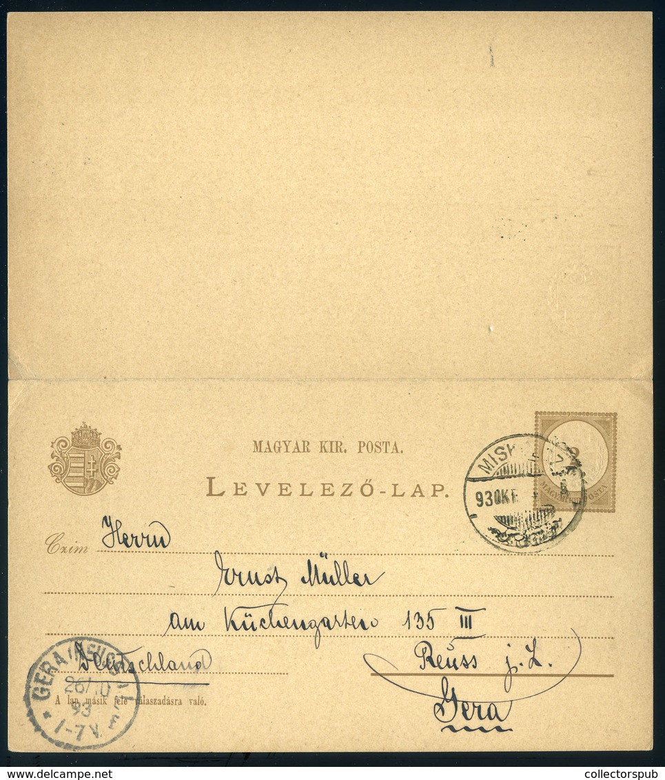 98129 MISKOLC 1893. Válaszos, Kétrészes Díjjegyes Lap Németországba Küldve - Used Stamps
