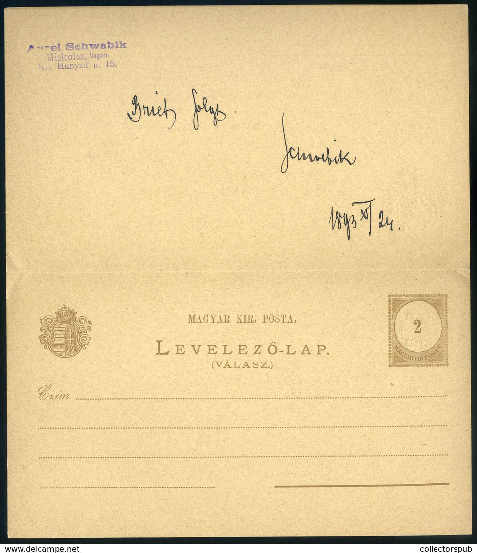 98129 MISKOLC 1893. Válaszos, Kétrészes Díjjegyes Lap Németországba Küldve - Used Stamps