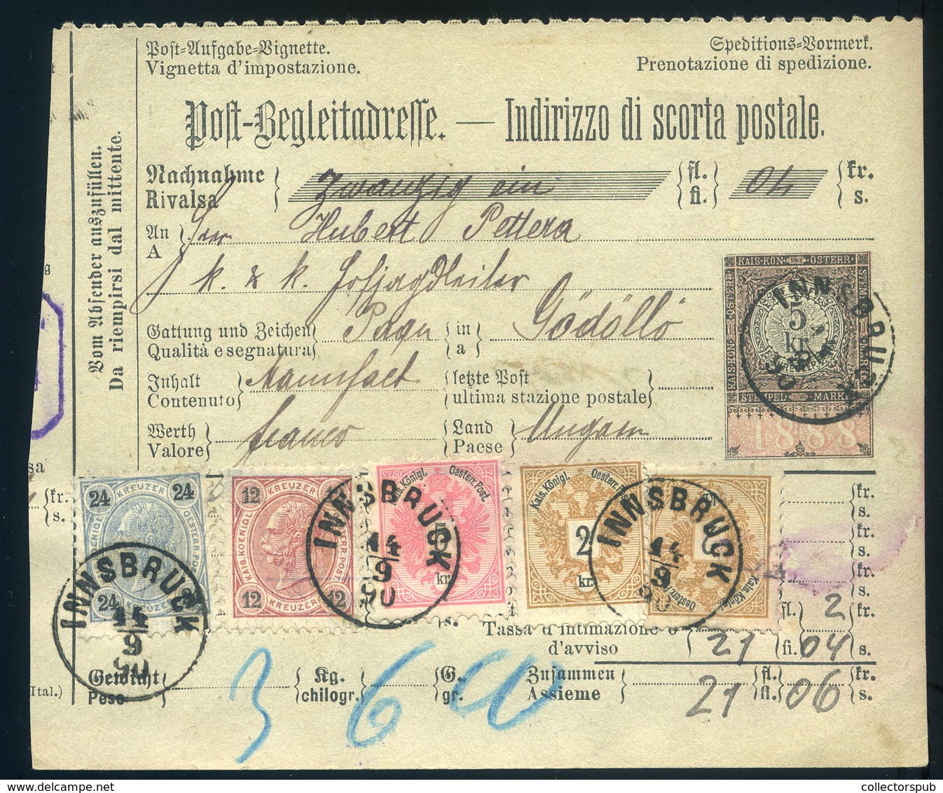 98100 AUSZTRIA Innsbruck 1890. Dekoratív Négyszínű Csomagszállító Gödöllőre A Kastélyba Küldve - Brieven En Documenten
