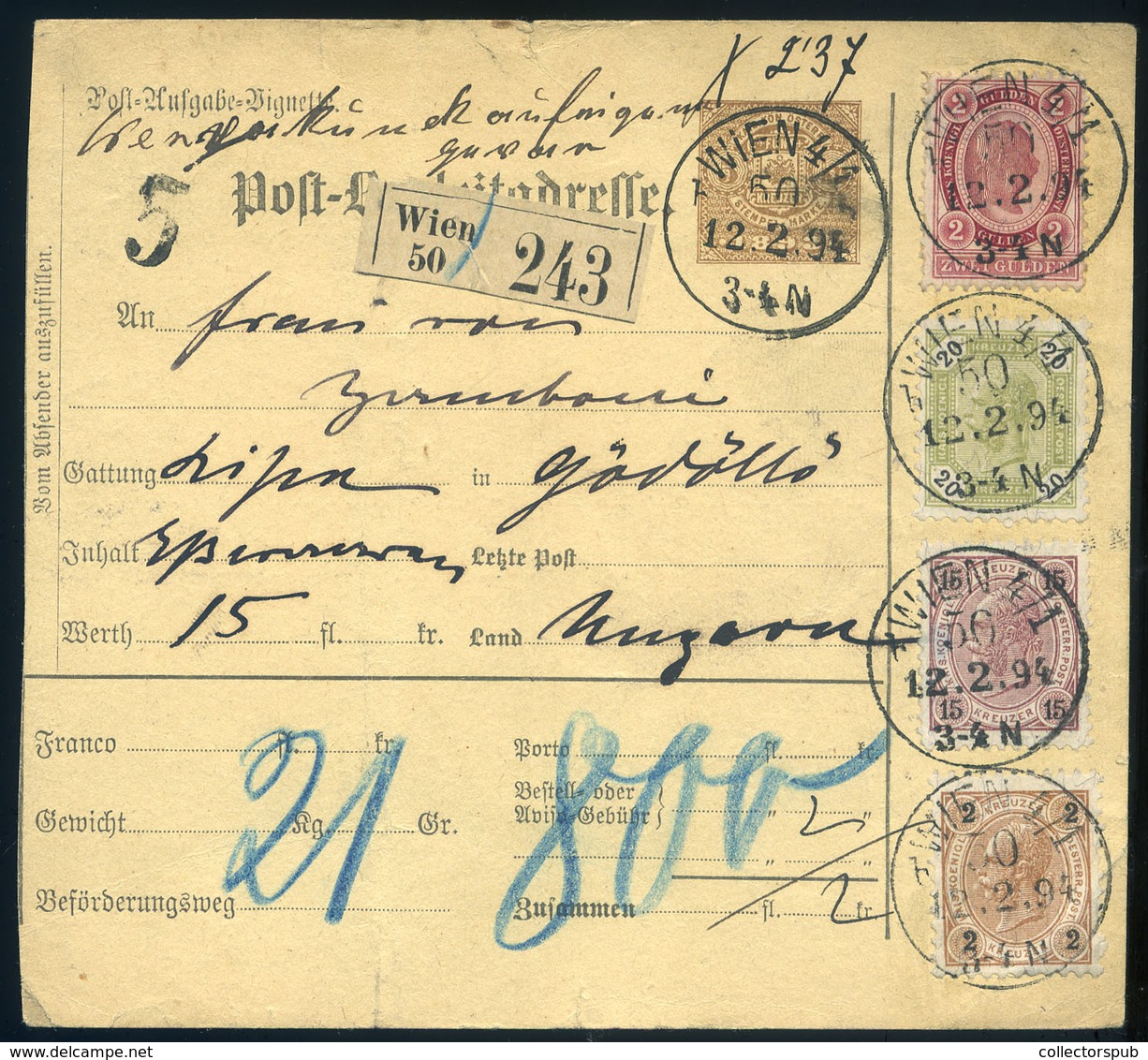 98099 AUSZTRIA Wien 1894. Dekoratív Négyszínű Csomagszállító Gödöllőre A Kastélyba Küldve , 21,8 Kg-os Csomag! - Brieven En Documenten