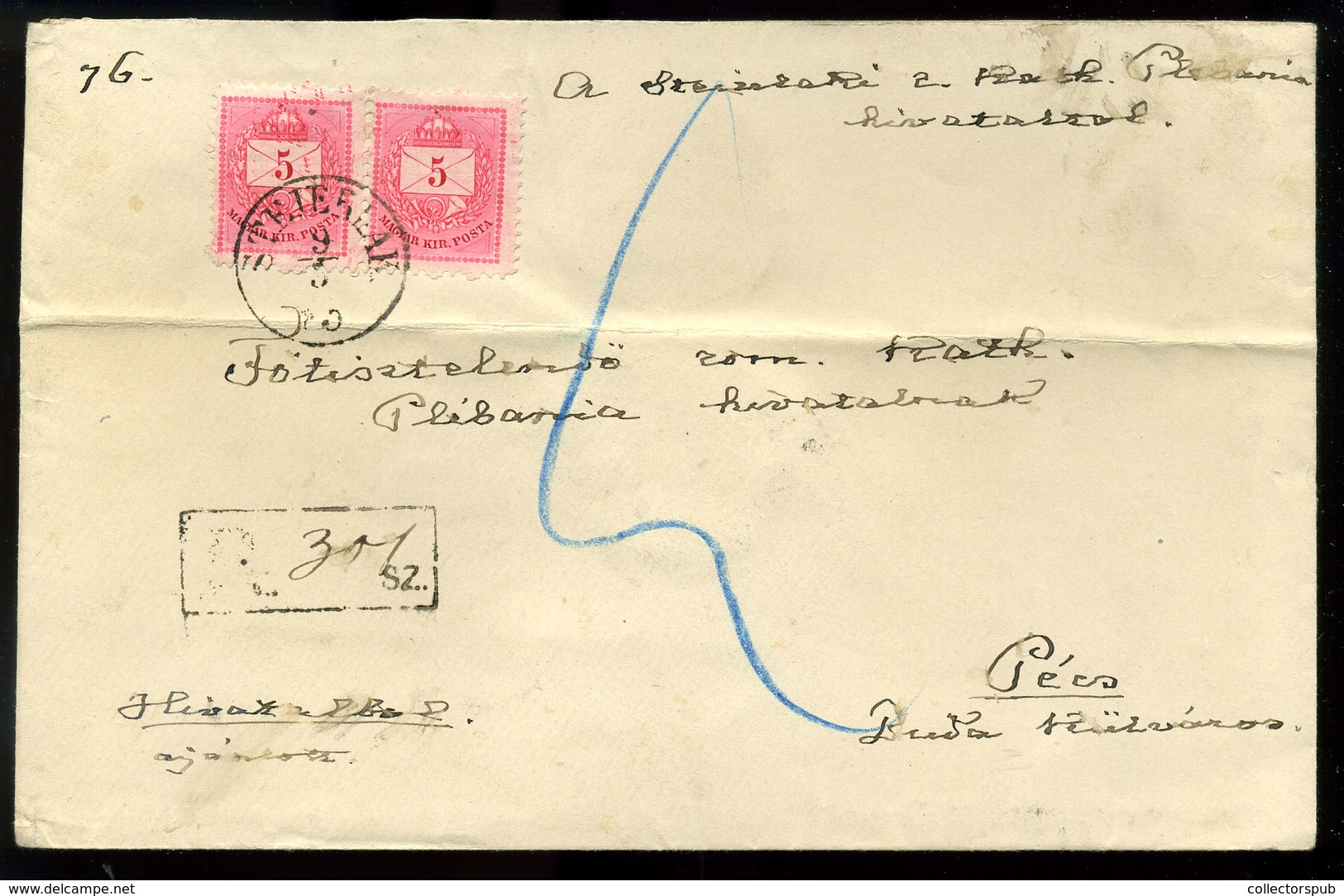 99394 STEIERLAK 1885. Hivatalos Ajánlott Levél 5kr Párral (csak Az Ajánlási Díj) Pécsre Küldve - Gebraucht