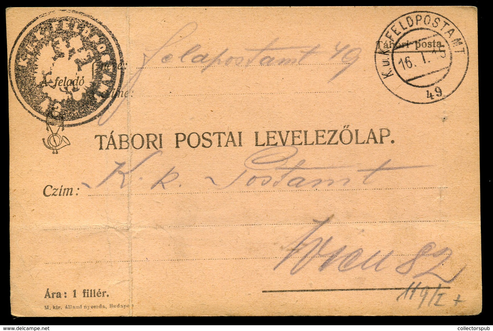 95752 I.VH 1915. Tábori Postalap FP 49 Negatív Bélyegzéssel - Gebraucht