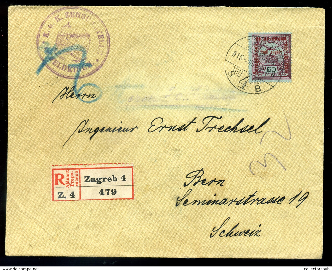 96453 ZÁGRÁB 1916. Dekoratív, Cenzúrázott Ajánlott Levél, Hadisegély 50f Egybélyeges Bérmentesítéssel Svájcba Küldve - Gebruikt