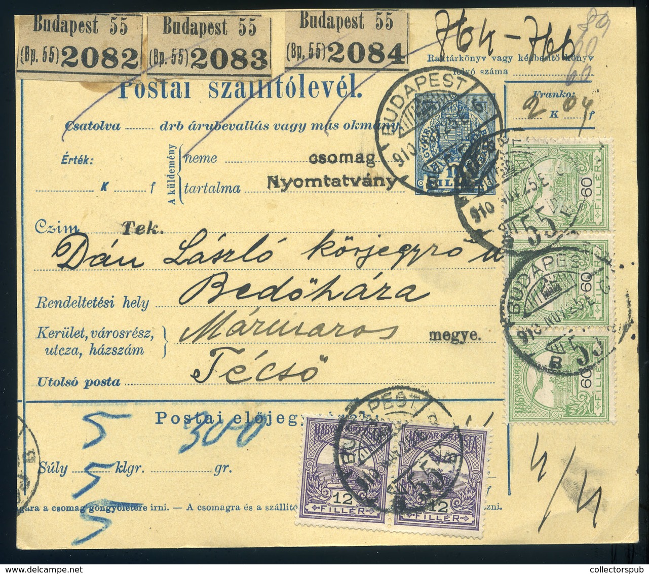 97101 BUDAPEST 1910. Csomagszállító, 3 Db Csomagról Bedőházára, Kárpátaljára Küldve  /  BUDAPEST 1910  Parcel P.card Of  - Gebruikt