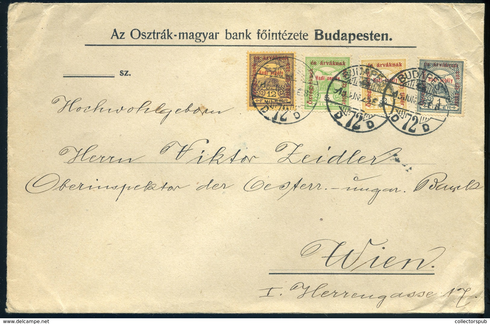 97121 BUDAPEST 1916. Dekoratív, Négyszínű Banklevél Hadisegély Bélyegekkel Bécsbe Küldve  /  BUDAPEST 1916 Decorative 4  - Gebruikt