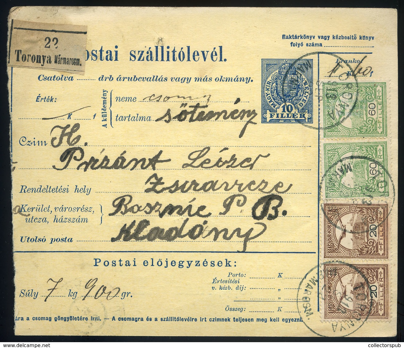 98103 TORONYA / Торунь 1913. Csomagszállító Boszniába, Küldve, Kladanj - Used Stamps