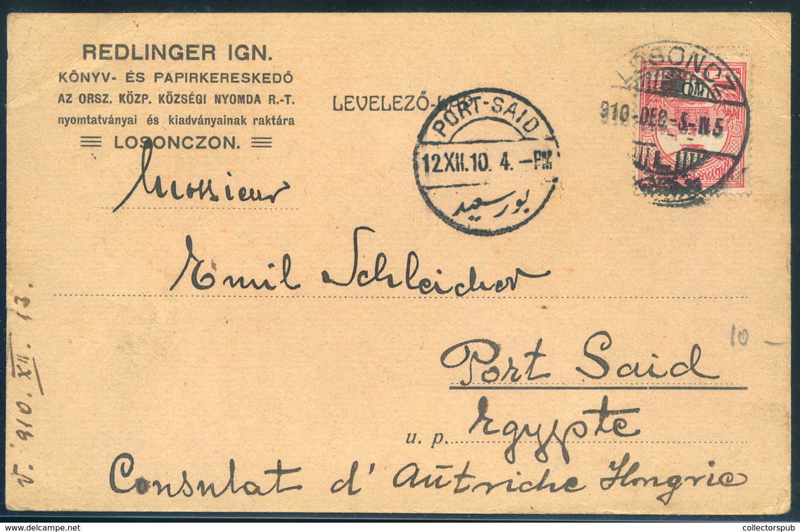 98142 LOSONC 1910. Céges Levelezőlap Egyiptomba Küldve! Redlinger Ignác Könvkereskedő - Used Stamps