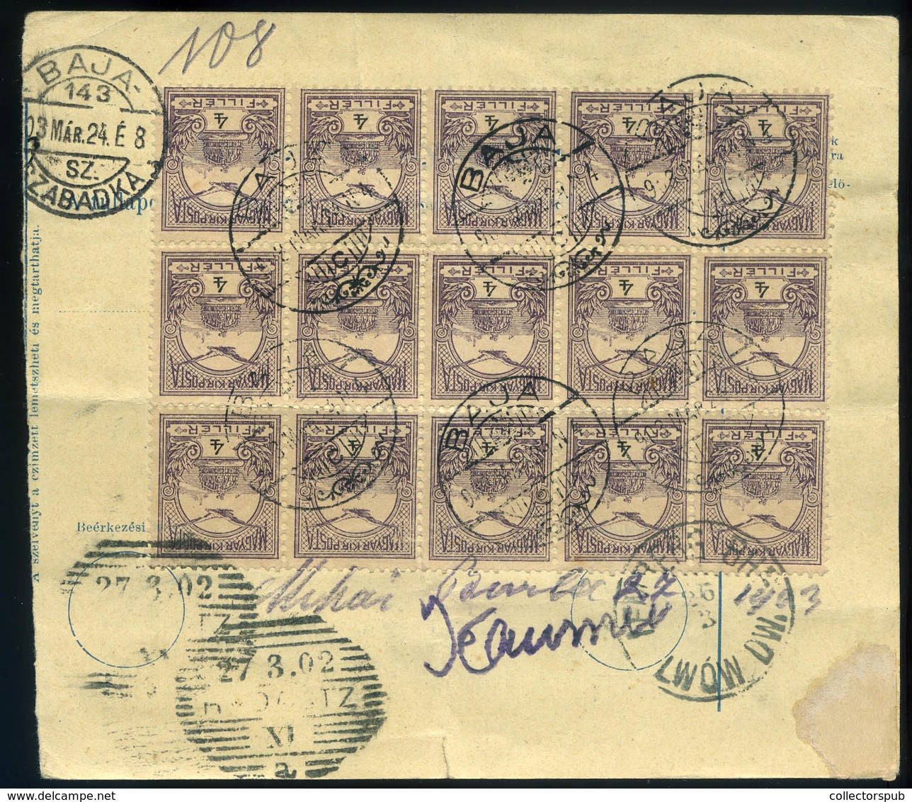 98088 BAJA 1903. Csomagszállító 15*4f Tömb Bérmentesítéssel, Mozgóposta Bélyegzéssel Bukovinába Küldve. - Used Stamps