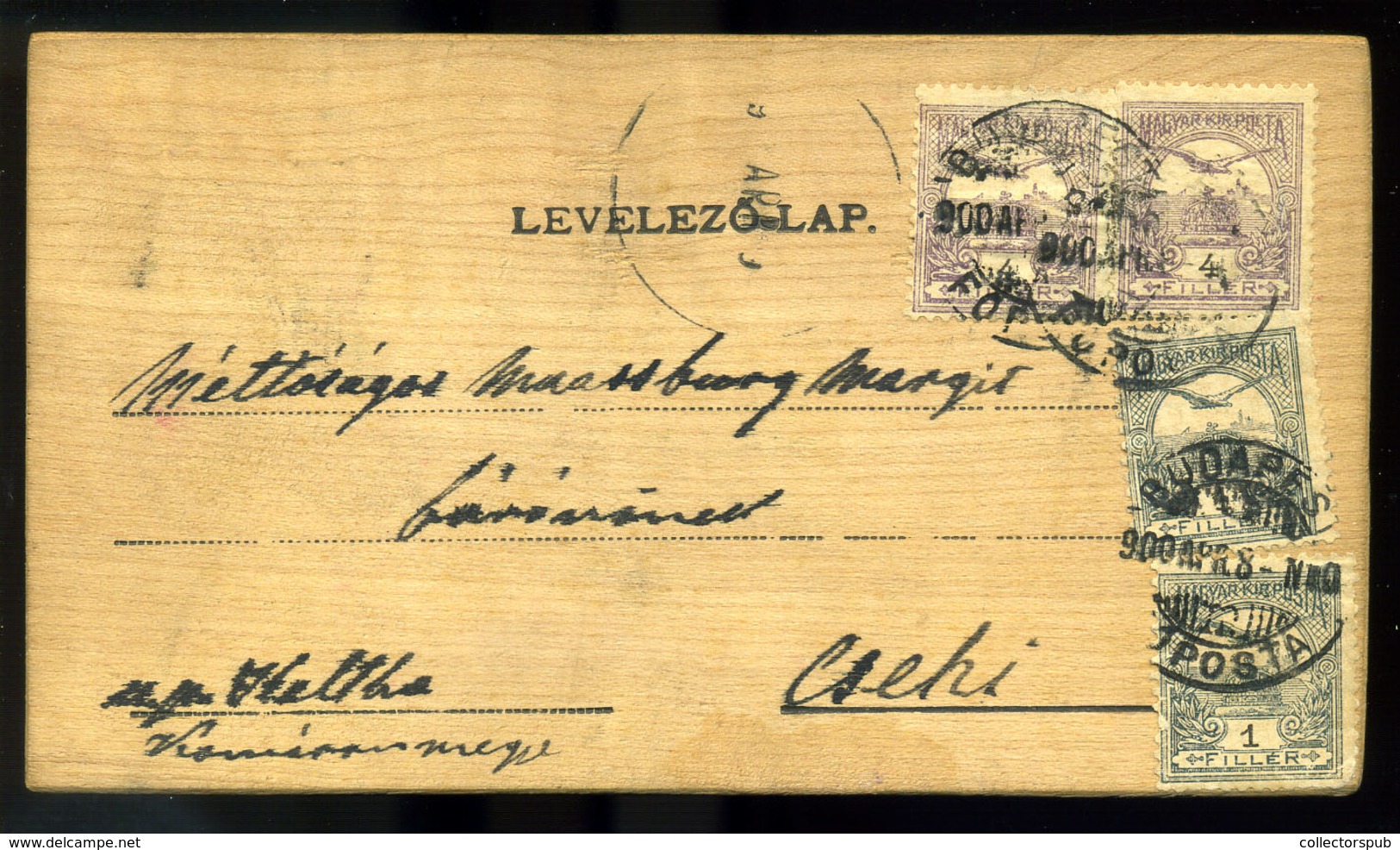 99071 BUDAPEST 1900. Fából Készült, Kézzel Festett Képeslap, Csehibe Küldve, Dekoratív Bérmentesítéssel - Used Stamps