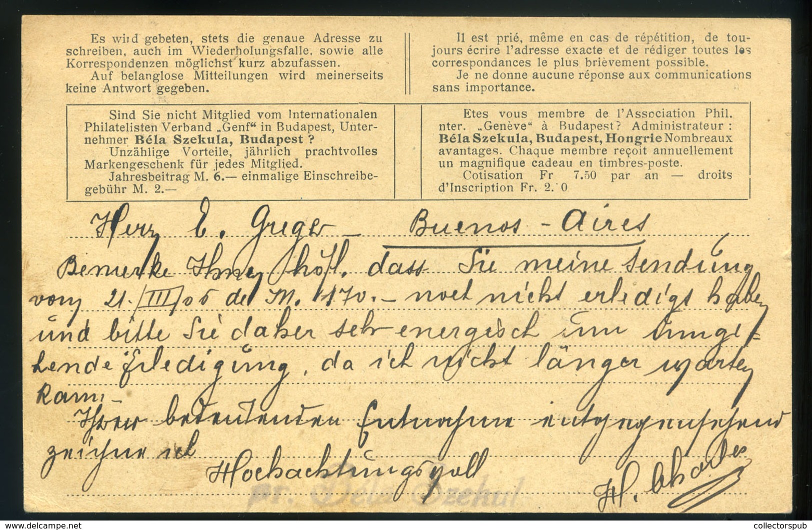 98170 BUDAPEST 1906. Szekula Béla, Céges Levelezőlap Argentínába Küldve !  /  1906 Béla Szekula Corp. P.card To Argentin - Gebraucht