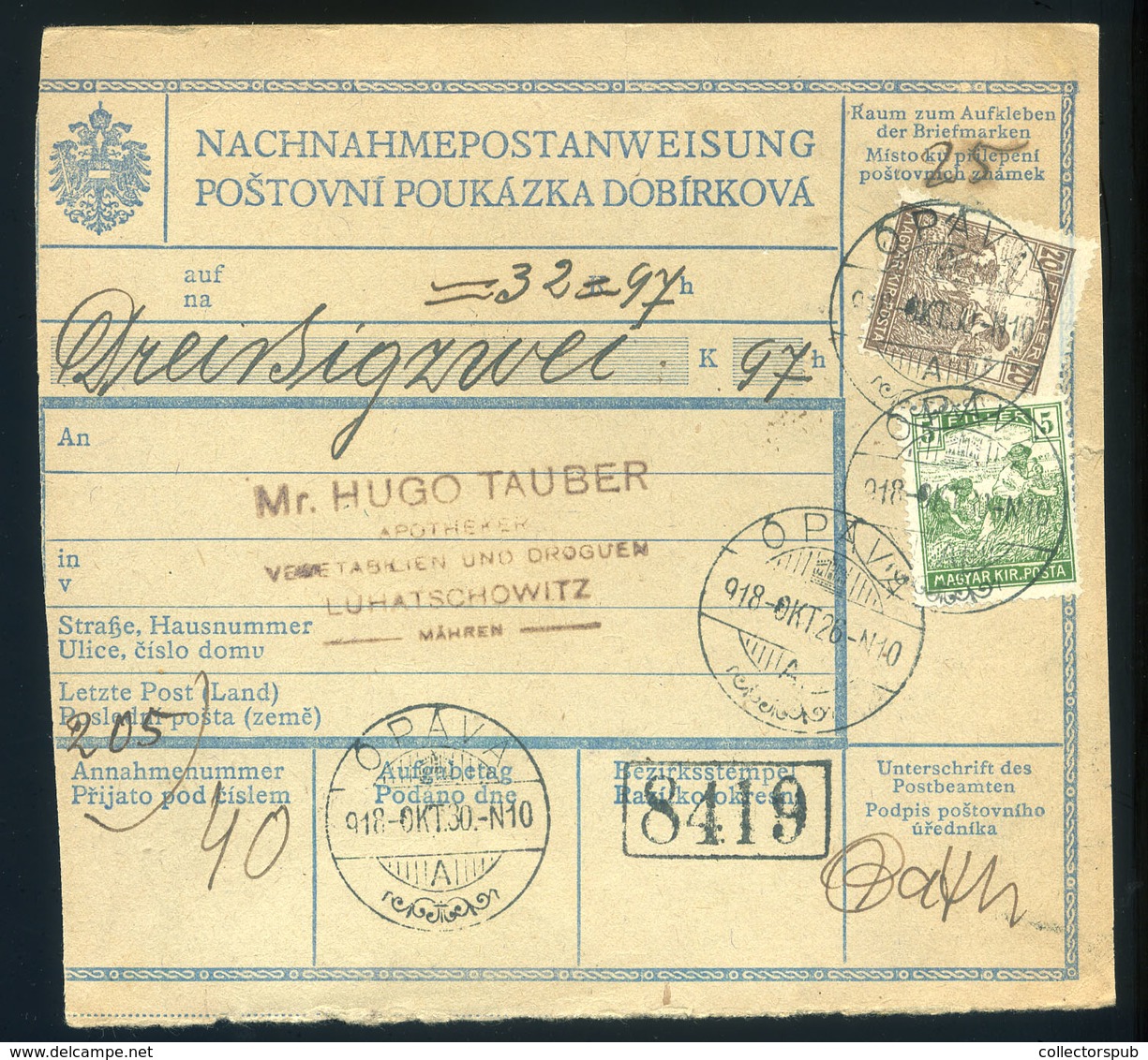 98167 ÓPÁVA / Опово  1918.10. Osztrák Pénzutalvány, Arató Bélyegekkel Csehszlovákiába Küldve  /  ÓPÁVA 1918.10. Austrian - Used Stamps