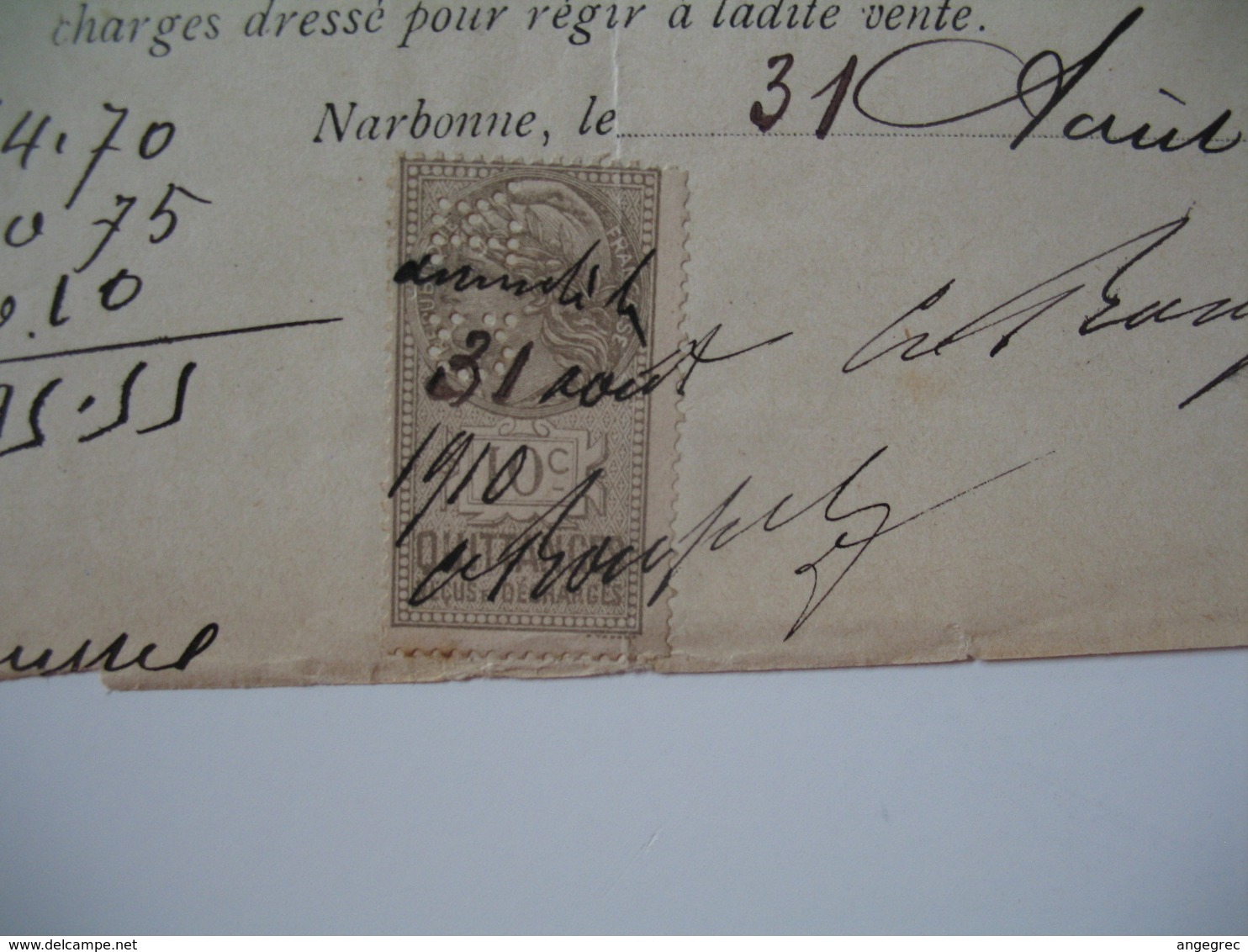 Document Fiscaux Perforé Perfin     CR Charles Roussel Narbonne 1910 - Autres & Non Classés