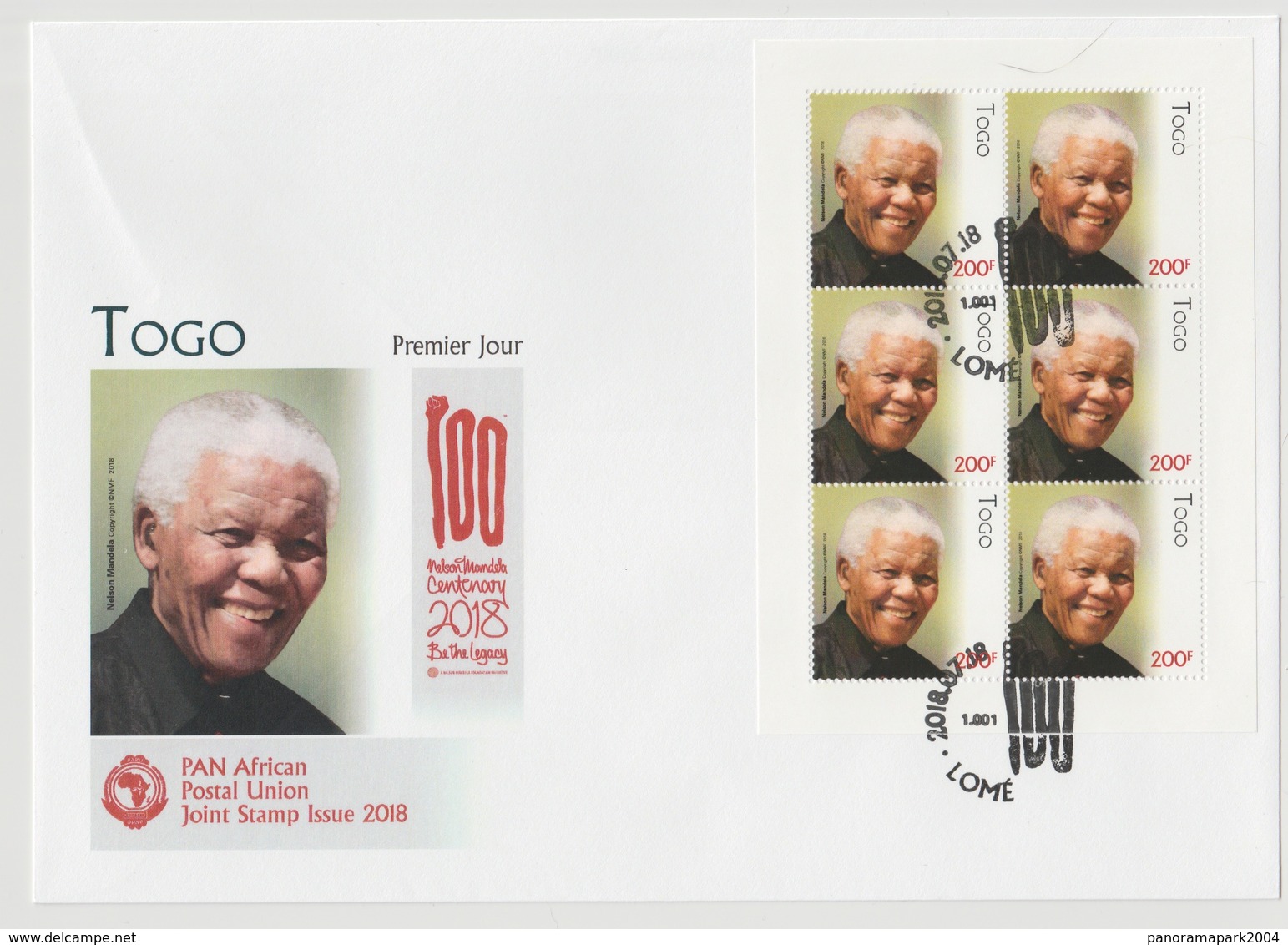 Togo 2018 Mi. ? M/S FDC First Day Cover 1er Jour Joint Issue PAN African Postal Union Nelson Mandela Madiba 100 Years - Gemeinschaftsausgaben
