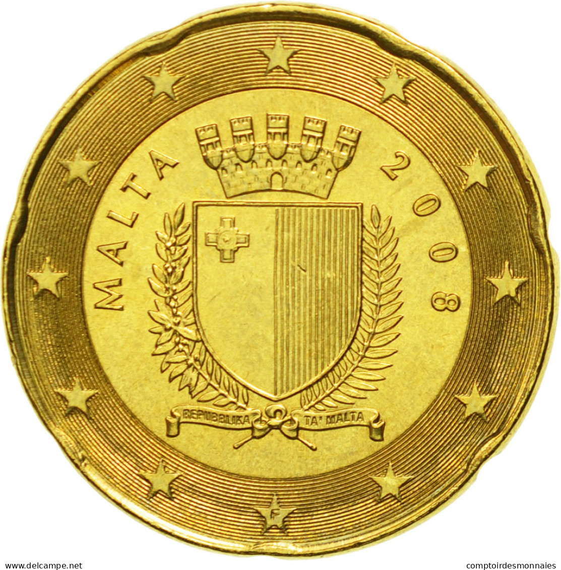 Malte, 20 Euro Cent, 2008, SPL, Laiton, KM:129 - Malta
