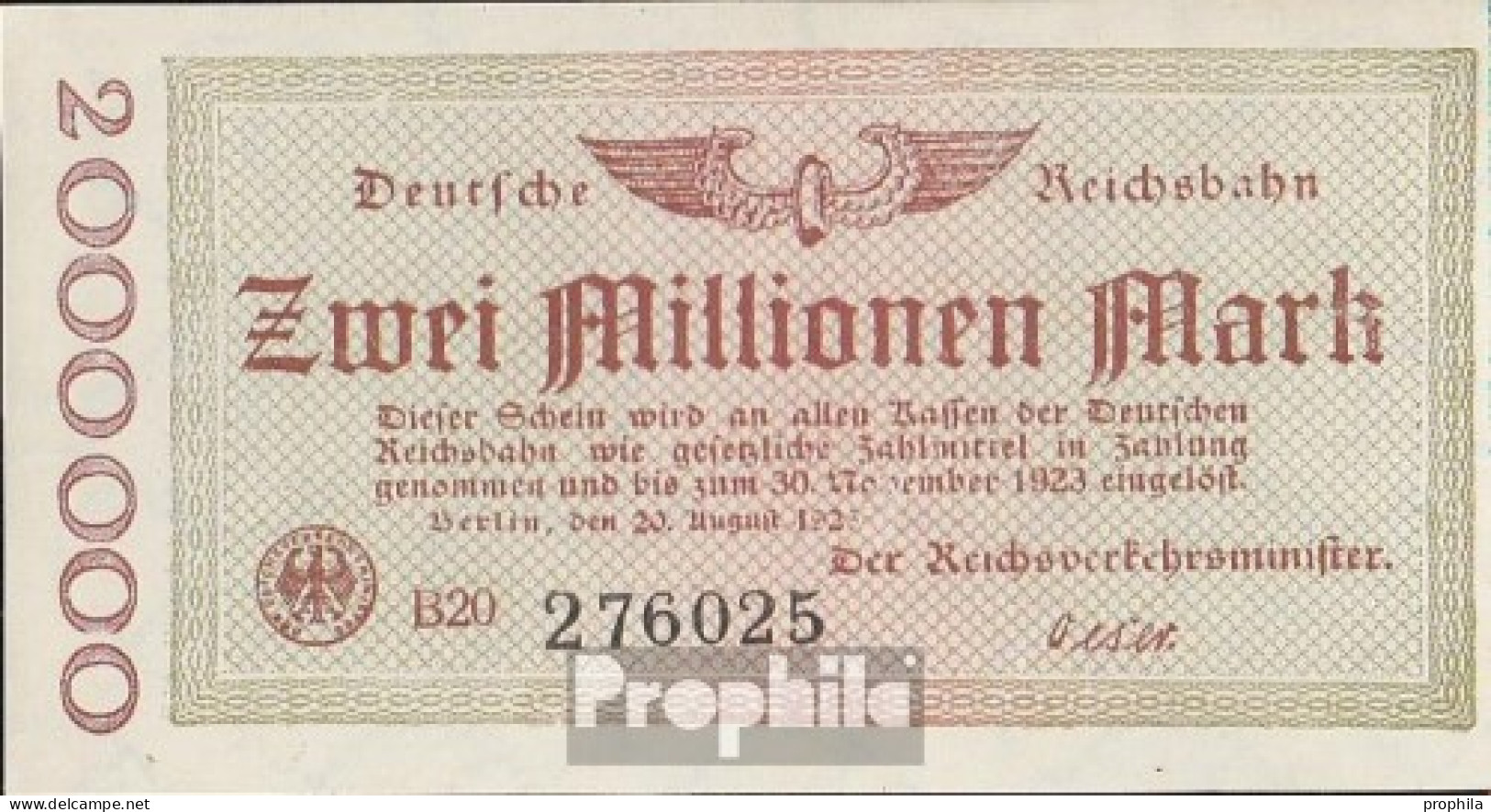 Berlin Pick-Nr: S1012b Inflationsgeld Der Deutschen Reichsbahn Berlin Bankfrisch 1923 2 Millionen Mark - Otros & Sin Clasificación