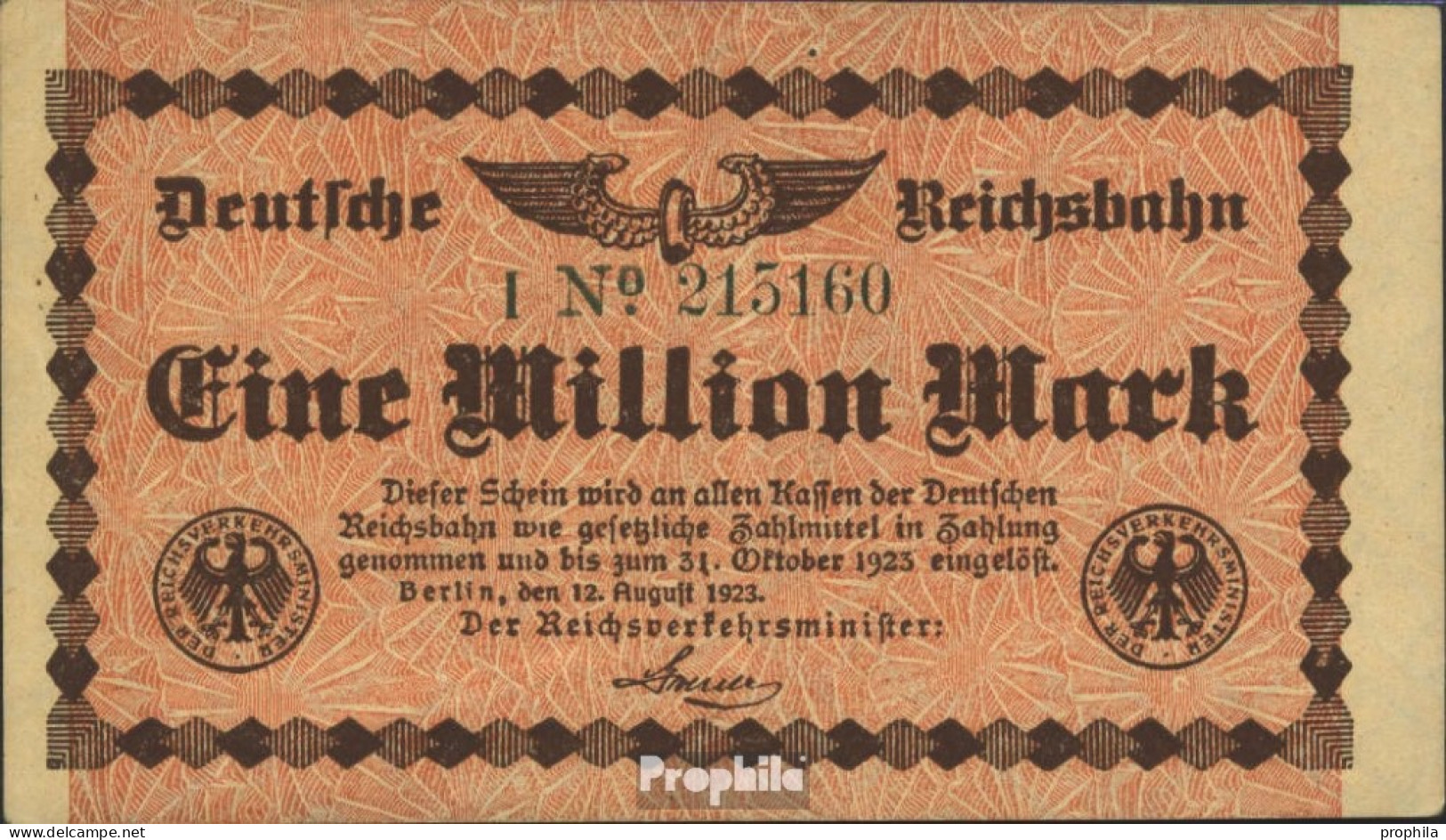 Berlin Pick-Nr: S1011 Inflationsgeld Der Deutschen Reichsbahn Berlin Bankfrisch 1923 1 Millionen Mark - Andere & Zonder Classificatie