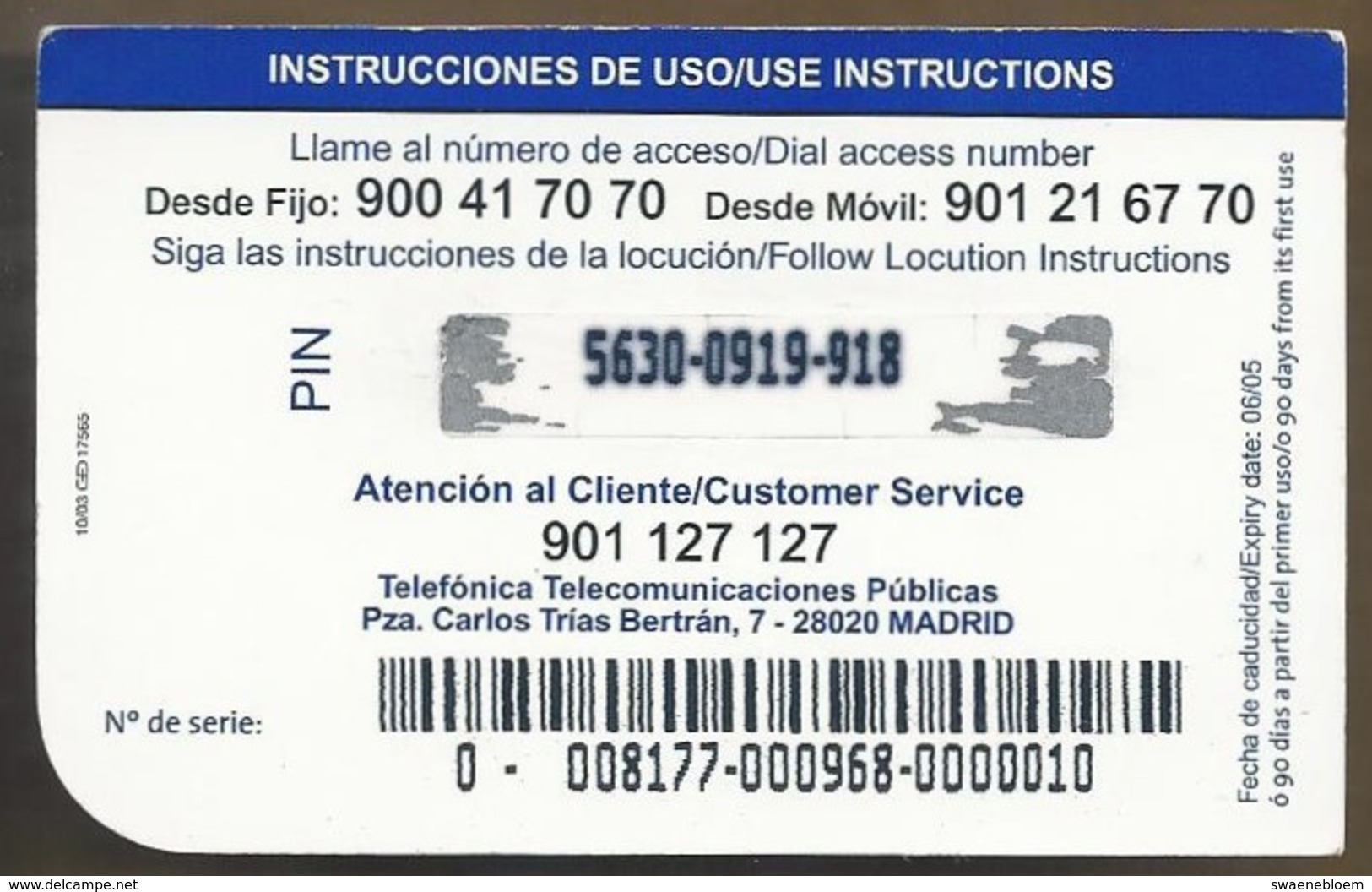 ES.- Telefonica De Espana. Tarjeta Multidestino De TTP. Telefonica. NO. De Serie 0-08177-000968-0000010 - Telefonica