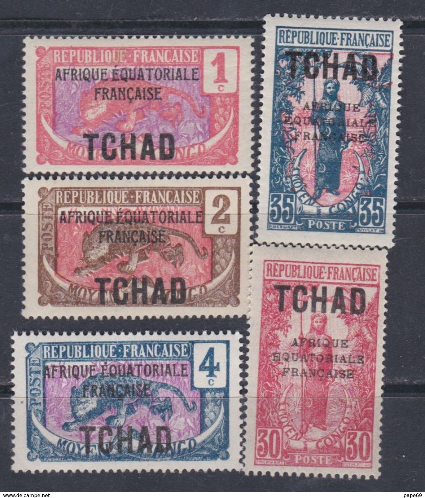 Tchad N° 19 / 21 + 27 / 28  XX Timbres De 1922 Surchargés, Les 5 Valeurs Sans Charnière,  TB - Nuevos