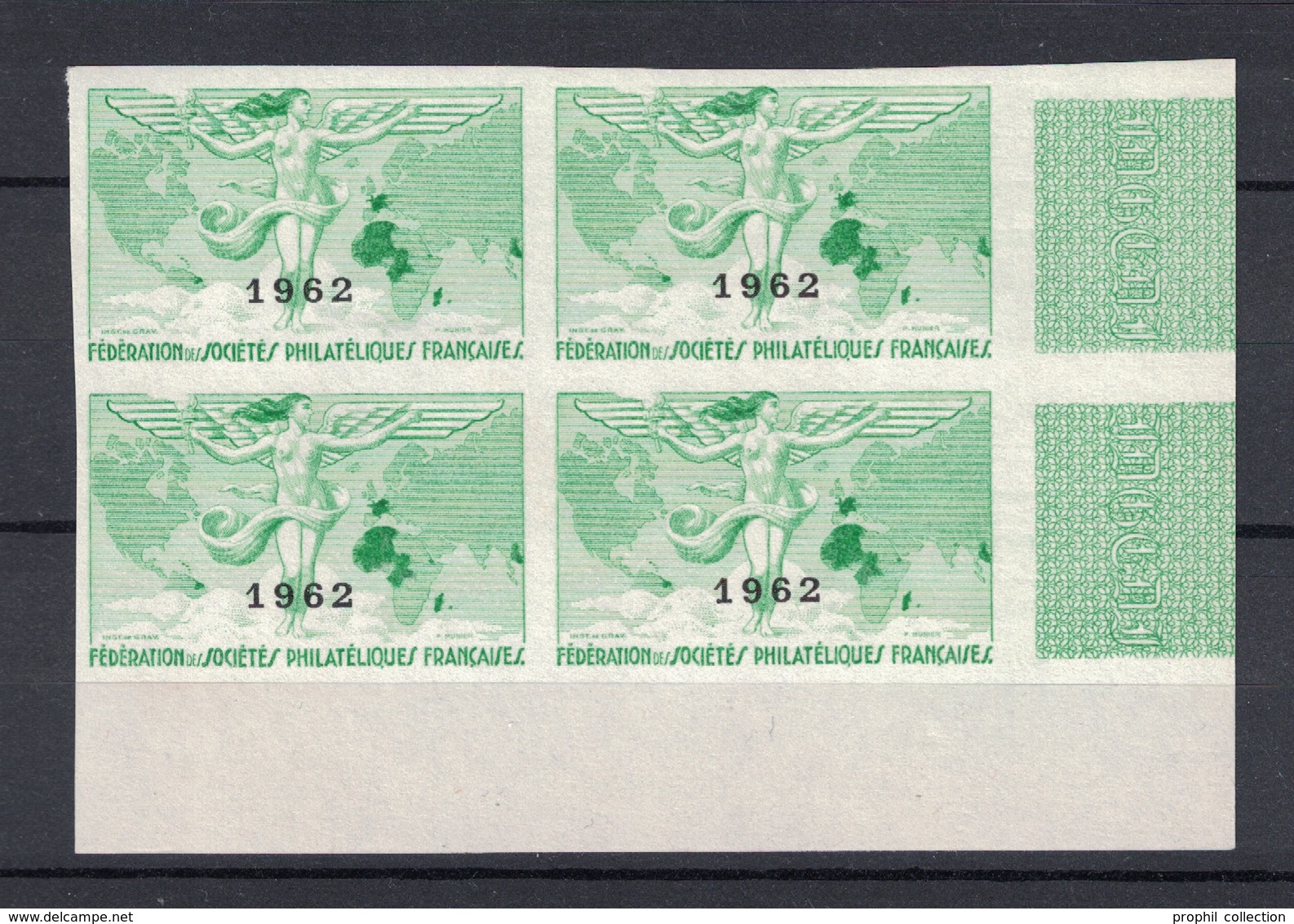 1962 - BLOC NEUF ** De 4 VIGNETTES NON-DENTELÉES " FEDERATION DES SOCIÉTÉS PHILATÉLIQUES FRANÇAISES " COIN DE FEUILLE - Briefmarkenmessen