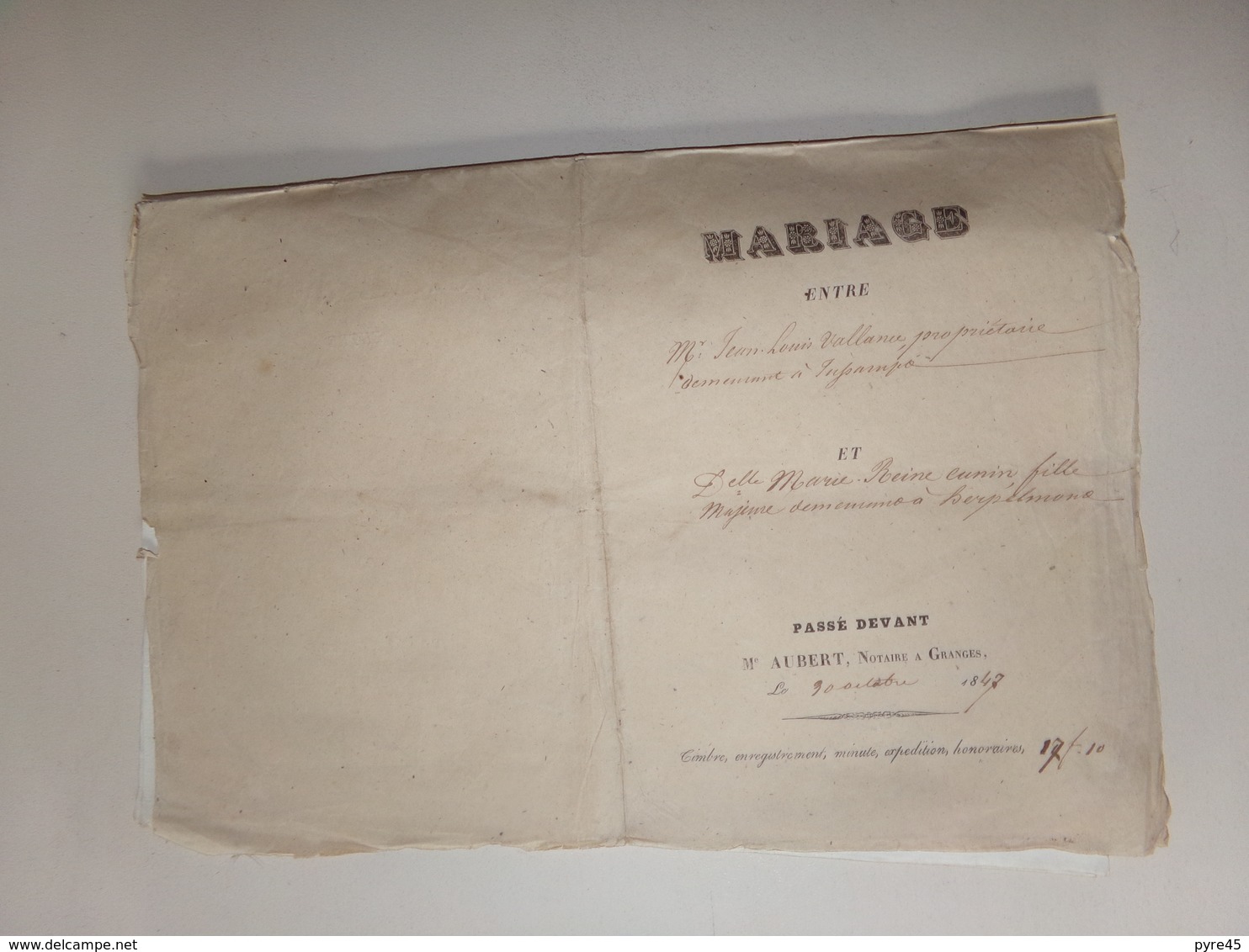 Acte Notarié Du 30 Octobre 1848 à Granges Saône-et-Loire , Mariage - Manuscripts