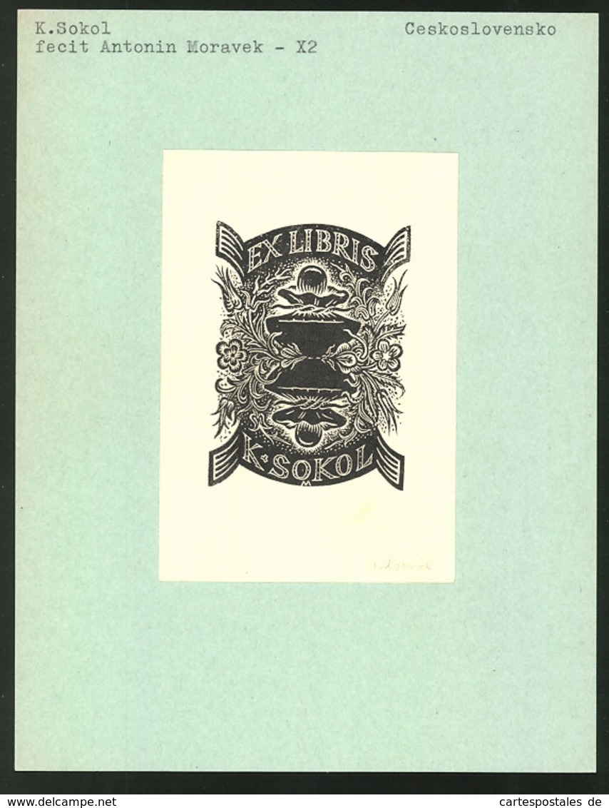 Ex-libris Von Antonin Moravek Für K. Sokol, Perle Et Des Fleurs - Ex-libris