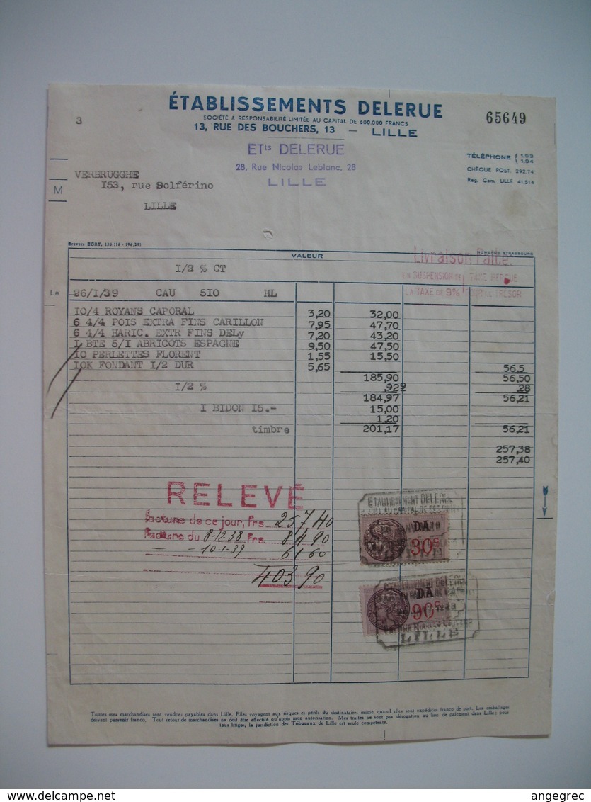 Document Fiscaux Perforé Perfin     ED 46   Etb. Delarue  1939 - Other & Unclassified