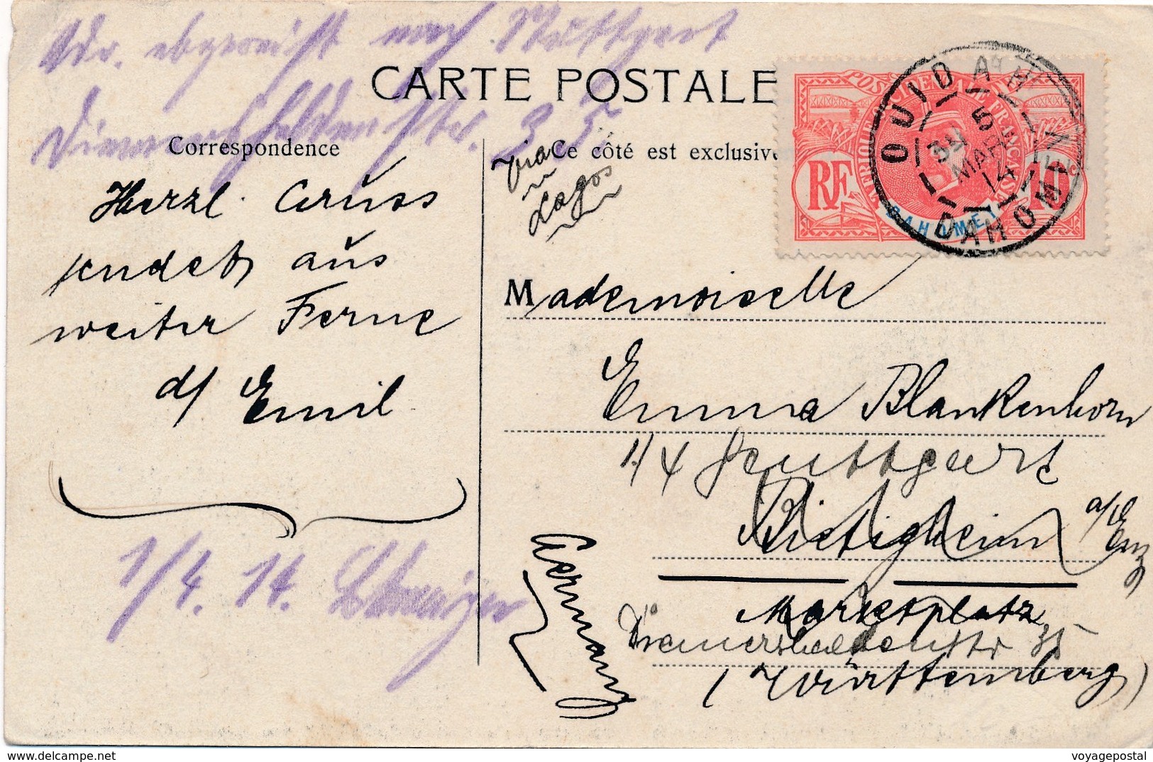 Carte Faidherbe Oujdah Dahomey Pour Le Wurtemberg - Storia Postale