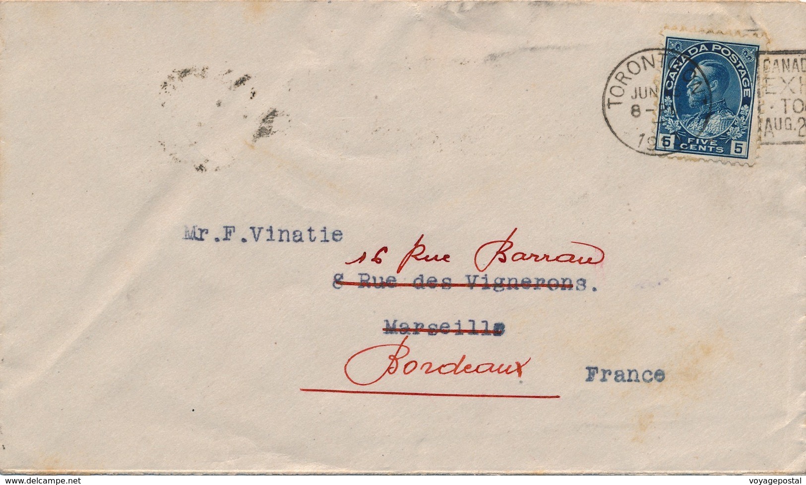 Lettre Five Cent Toronto Exhibition Pour La France Redistribué - Storia Postale