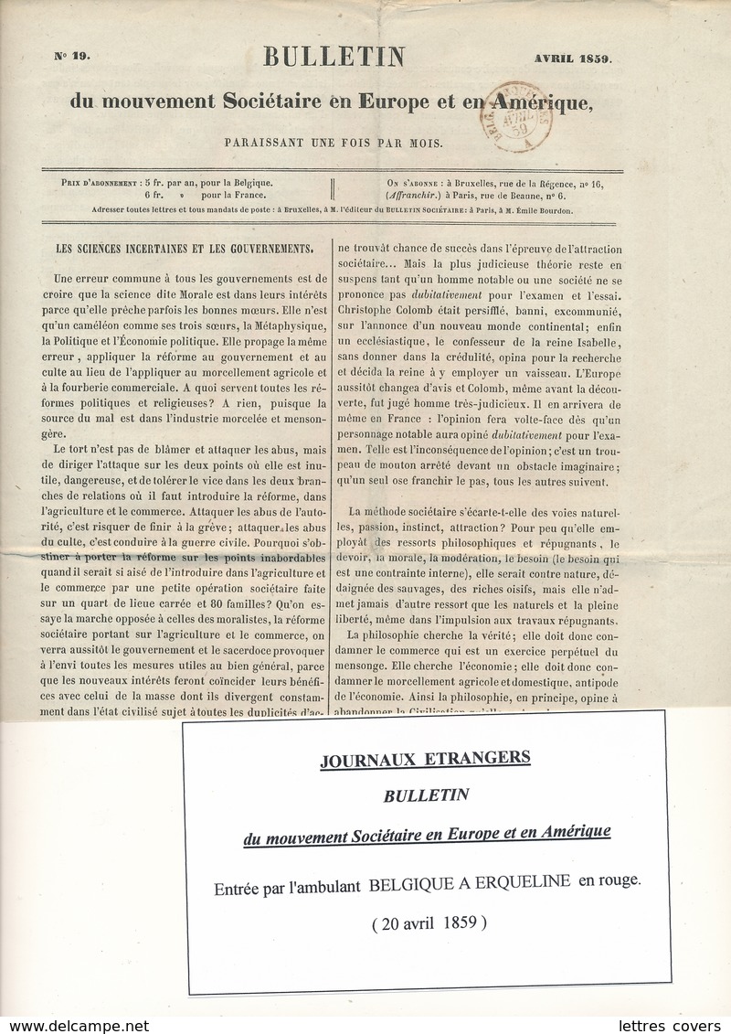 Cachet D'Entrée Par AMBULANT " BELG. A ERQUELINES A 22/4/59 " Sur Bulletin / Journal Entier Belgique - Marques D'entrées