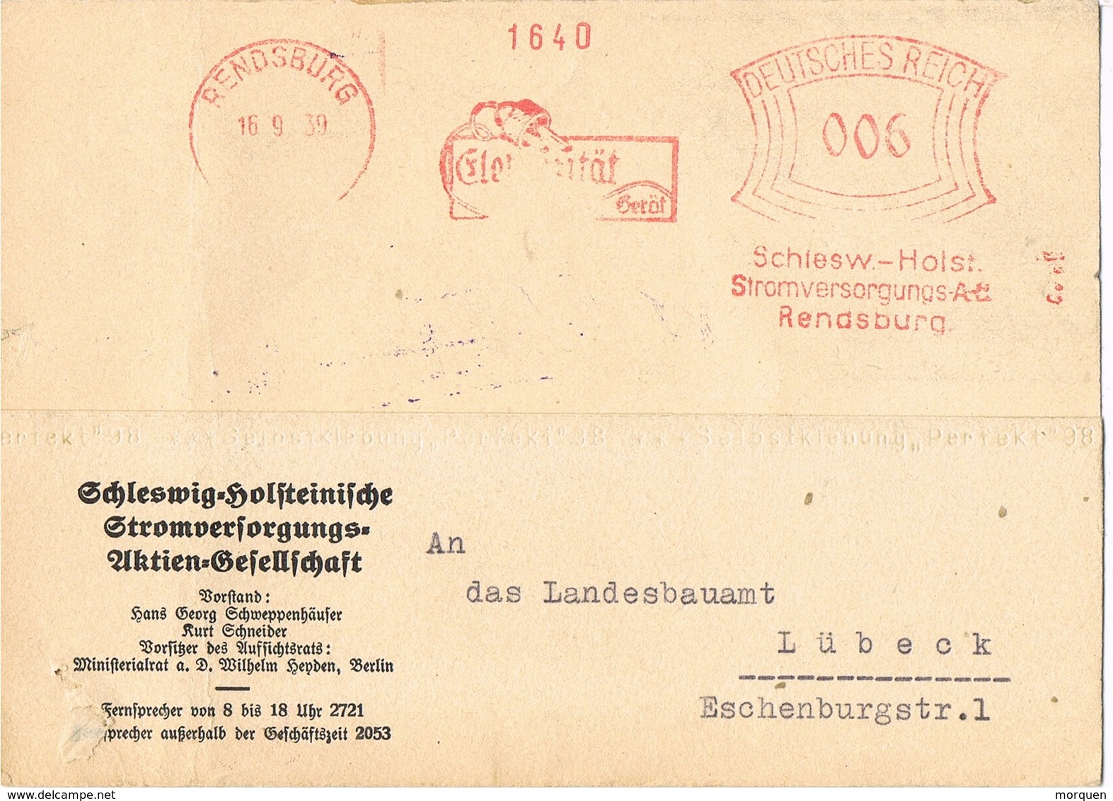 29639. Tarjeta Comercial RENDSBURG (Alemania Reich) 1939. Perforaciones Y Obras - Cartas & Documentos
