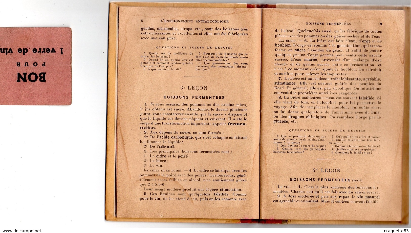 LIVRET D'ENSEIGNEMENT ANTI-ALCOOLIQUE -L'ALCOOL EN FRANCE-J. BAUDRILLARD-LIBRAIRIE CH. DELAGRAVE +1 BON POUR 1 VERRE VIN - 18 Ans Et Plus