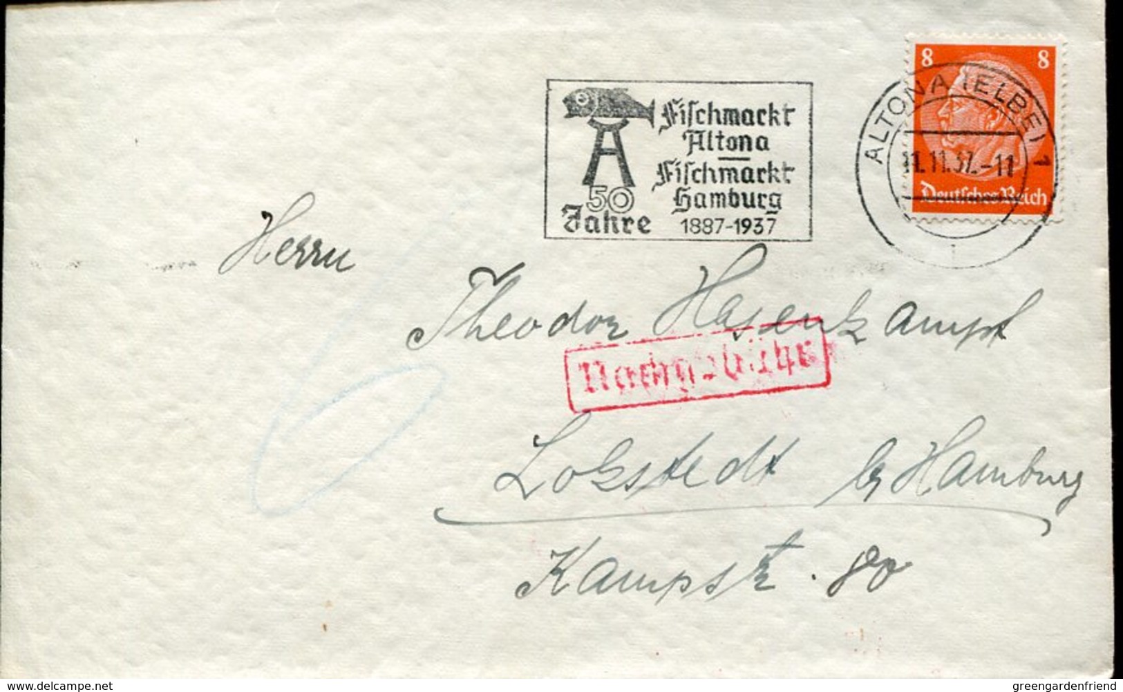 37054 Germany Reich, Circuled Cover 1937 From Altona With Special Postmark Fiscchmarkt Hamburg 1937 - Covers & Documents