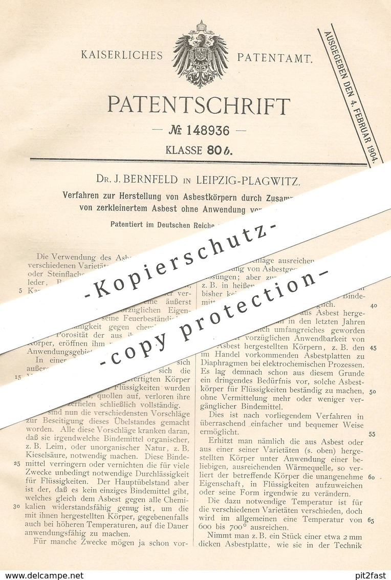 Original Patent - Dr. J. Bernfeld , Leipzig / Plagwitz , 1901 , Herstellung Von Asbestkörper Ohne Bindemittel | Asbest ! - Historical Documents