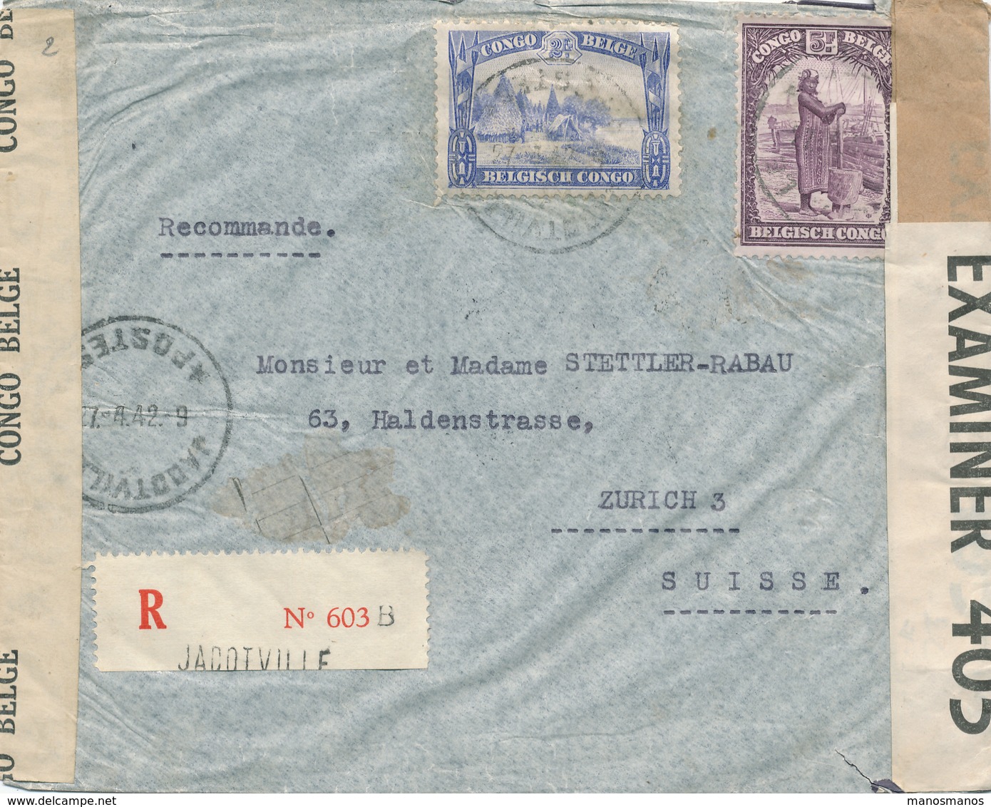 079/27 - CONGO BELGE Guerre 40/45 - Lettre Recommandée JADOTVILLE 1942 Vers ZURICH Suisse - Double Censure Congo Et UK - Covers & Documents