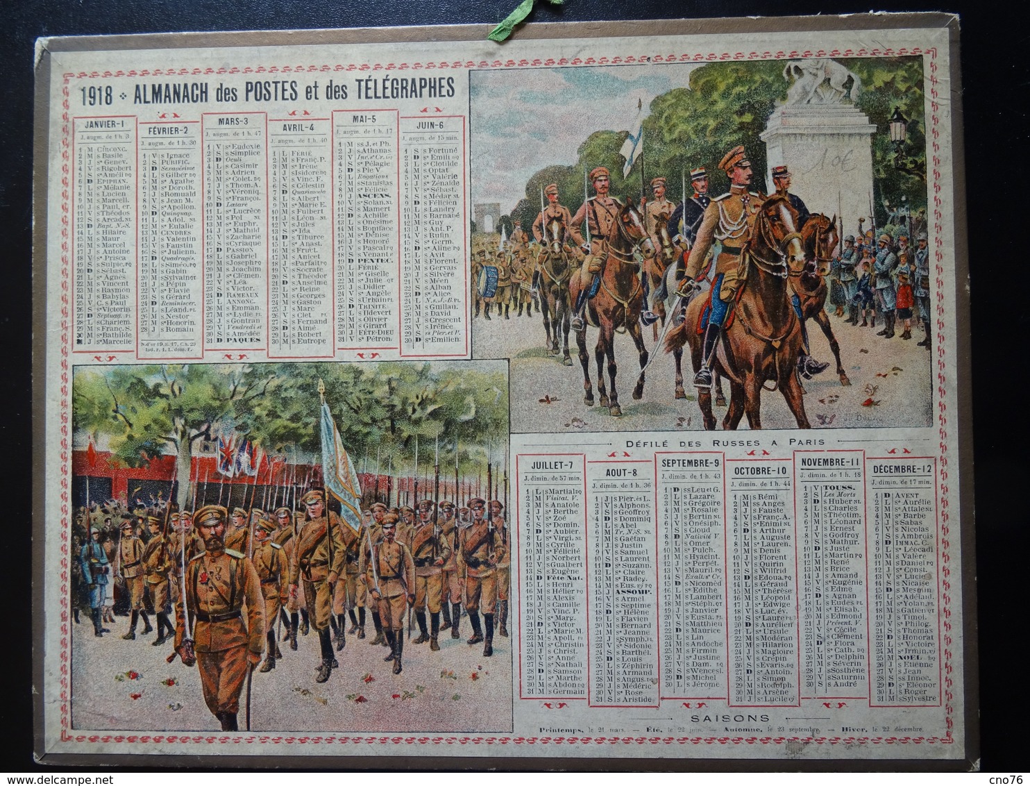 Calendrier De 1918 Almanach Des Postes Et Des Télégraphes "Défilé Des Russes à Paris" (département De L'indre) - Grossformat : 1901-20