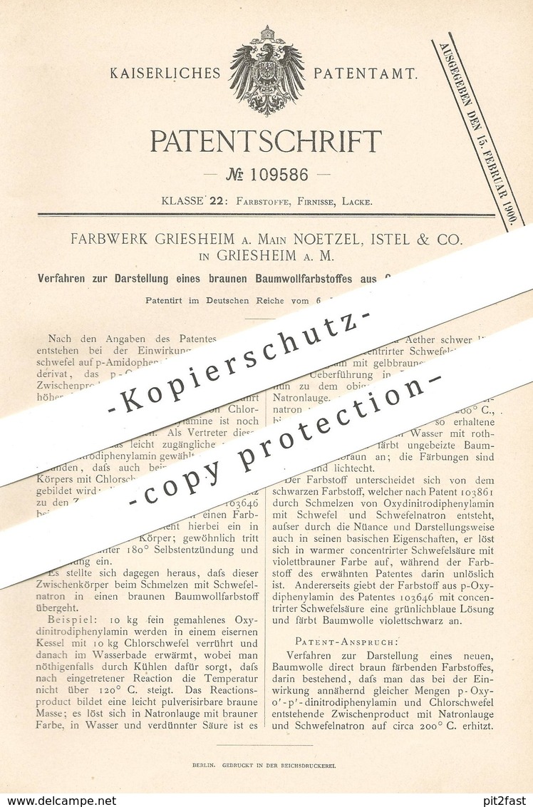 Original Patent - Farbwerk Griesheim / Main Noetzel , Istel & Co 1899 , Baumwollfarbe Aus Oxydinitrodiphenylamin | Farbe - Historical Documents