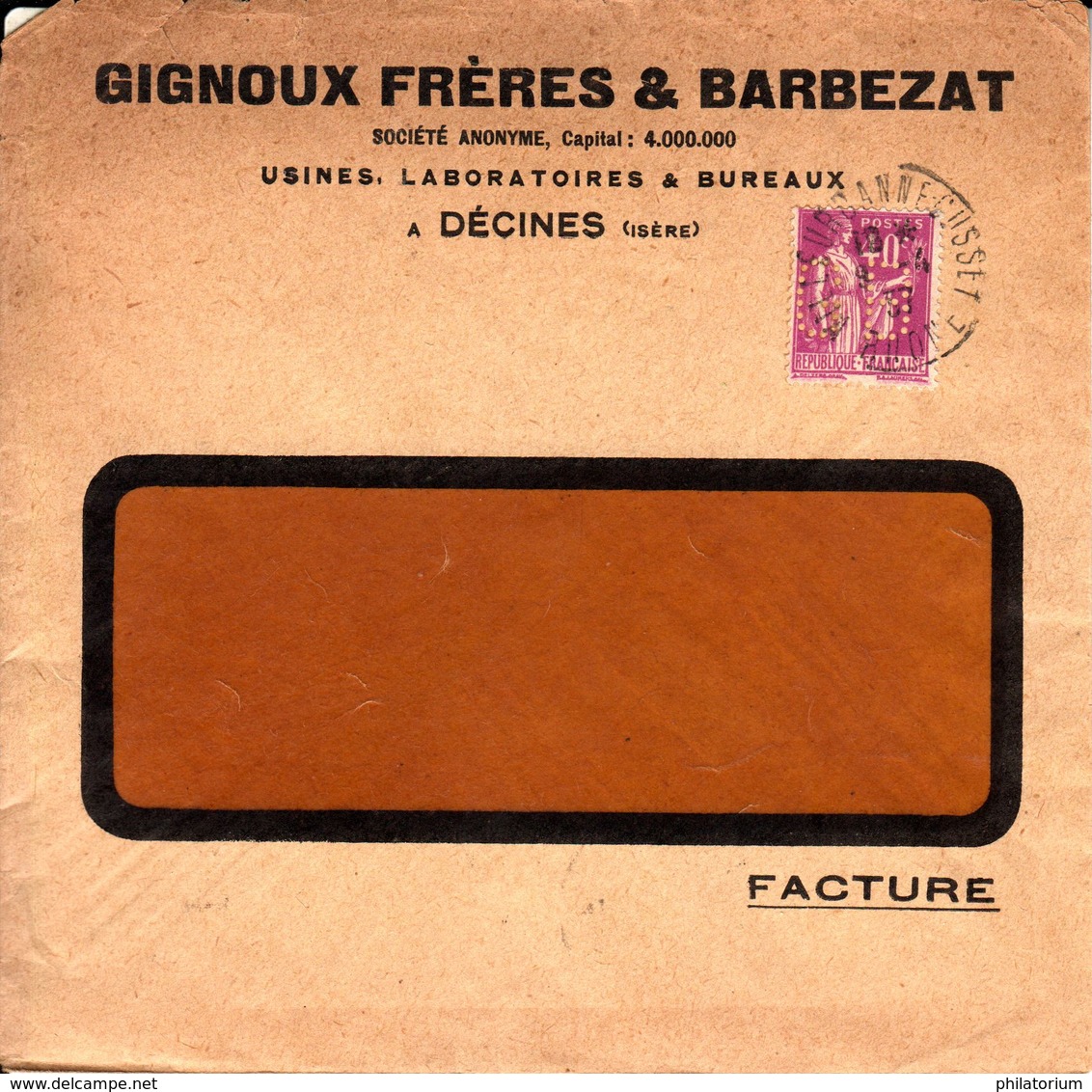 France Gignoux Frères & Barbezat Perforé GM 9 4 1937 Décines Sur Type Paix (perfin) - Autres & Non Classés