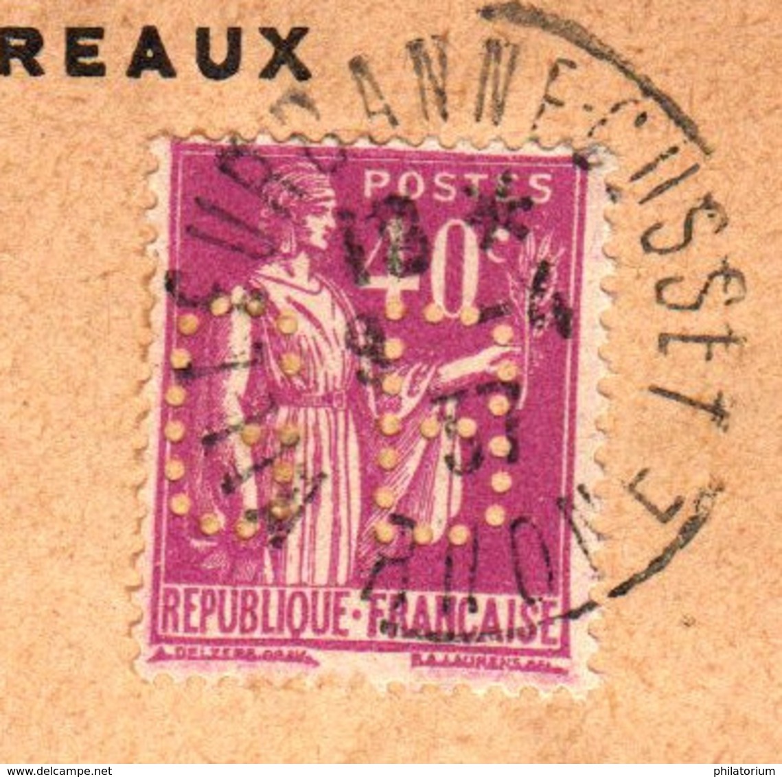 France Gignoux Frères & Barbezat Perforé GM 9 4 1937 Décines Sur Type Paix (perfin) - Autres & Non Classés