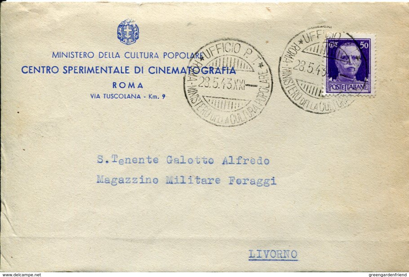 37070 Italia, Circuled Cover 1943 Roma Ufficio PT Ministero Della Cultura Popolare, Cinematografia - Cinema