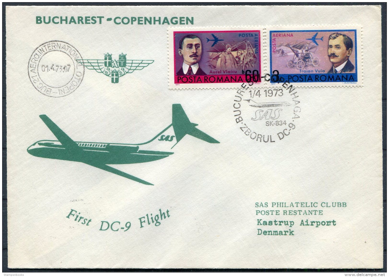 1973 Romania Denmark SAS First Flight Cover - Brieven En Documenten